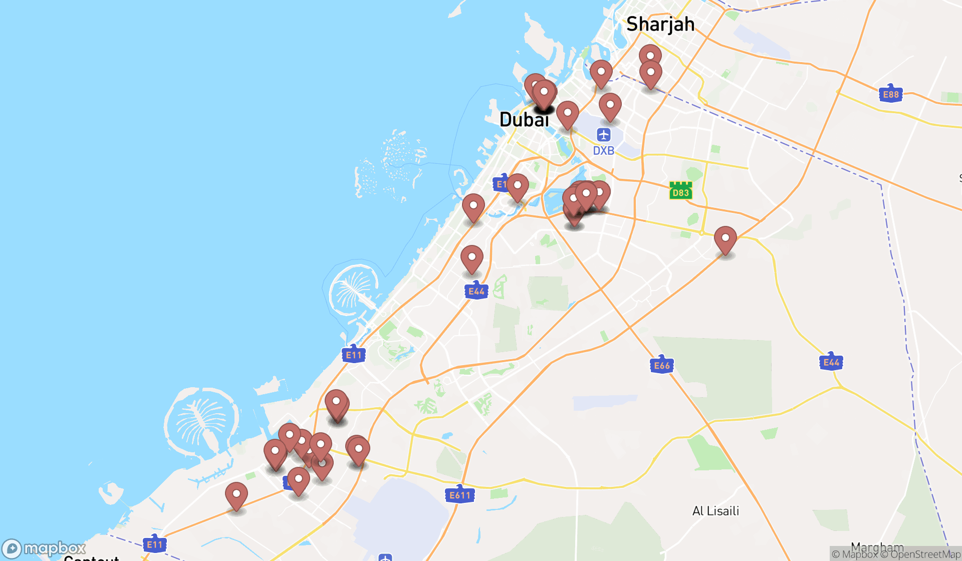 Map showing the search results in Dubai