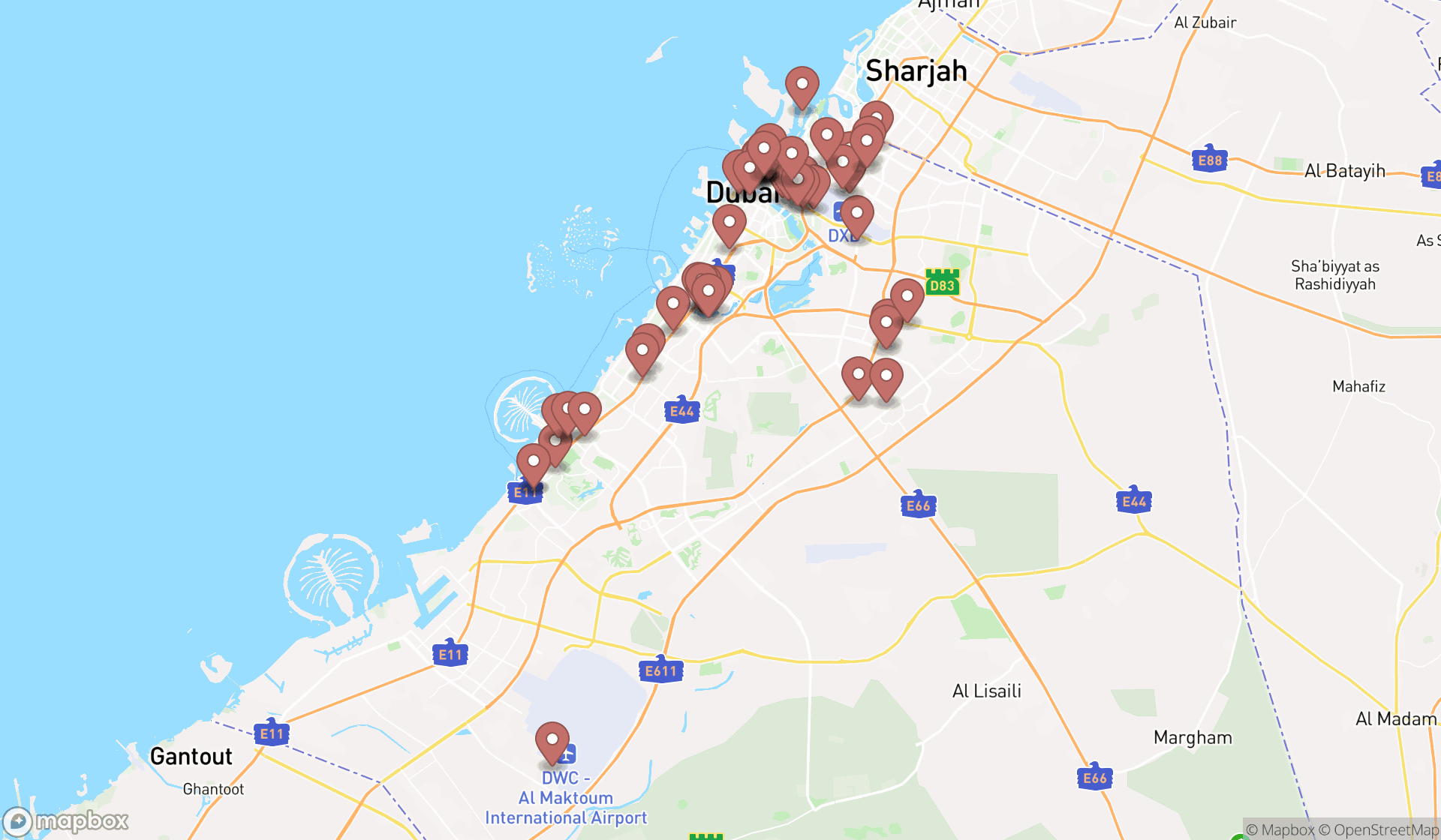 Map showing the search results in Dubai