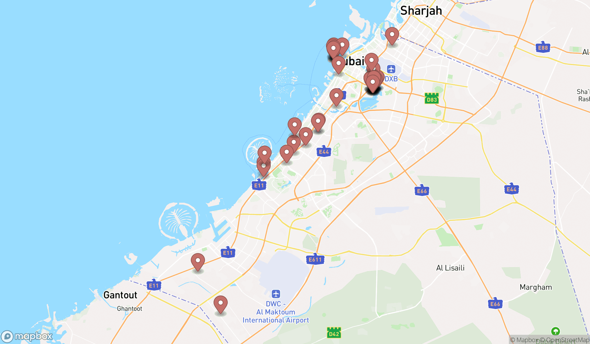 Map showing the search results in Dubai