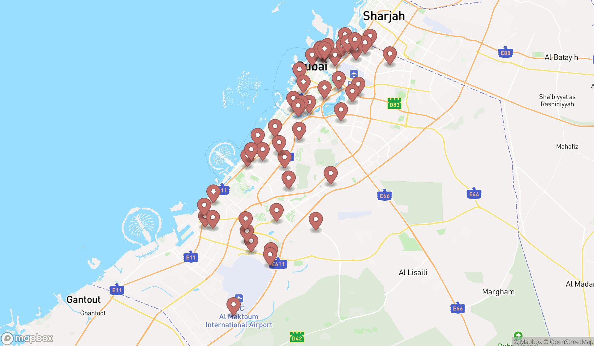 Map showing the search results in Dubai