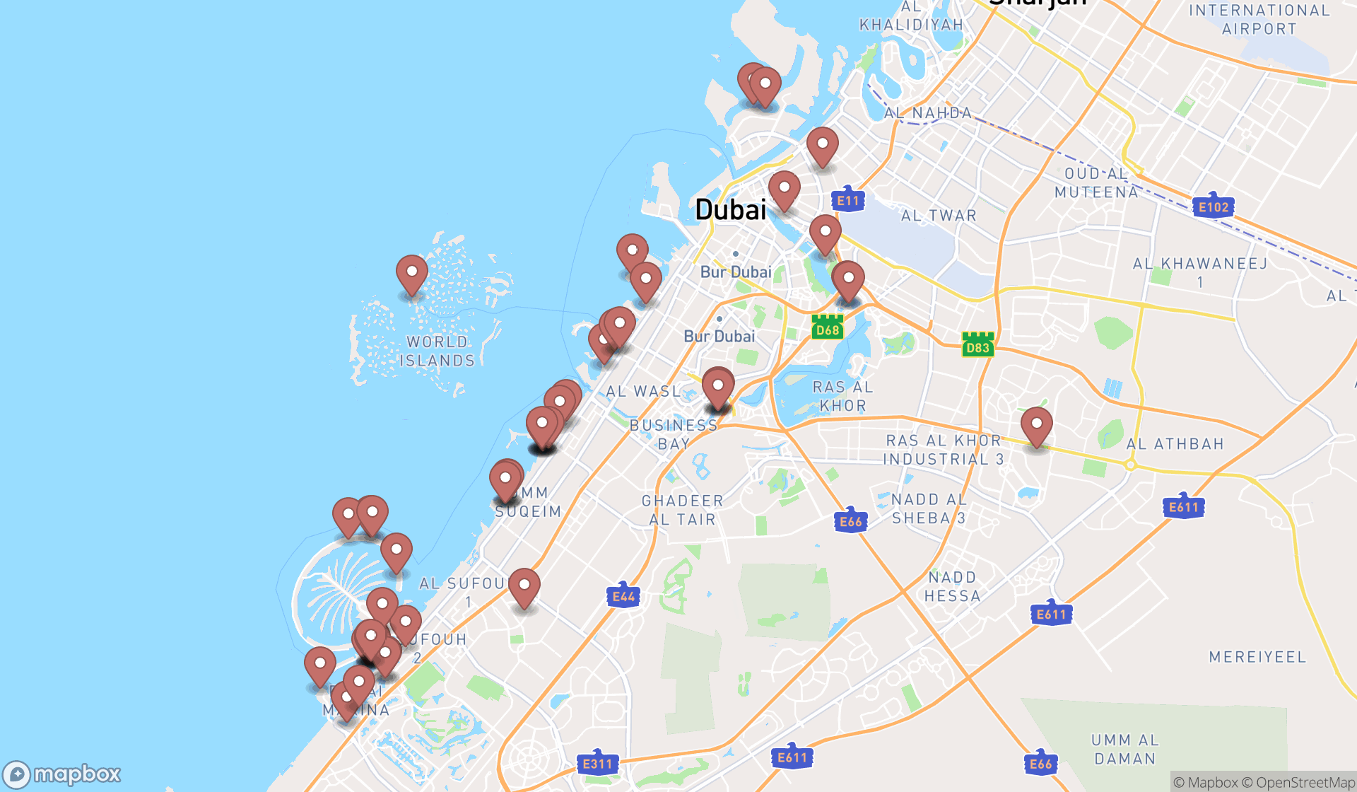 Map showing the search results in Dubai