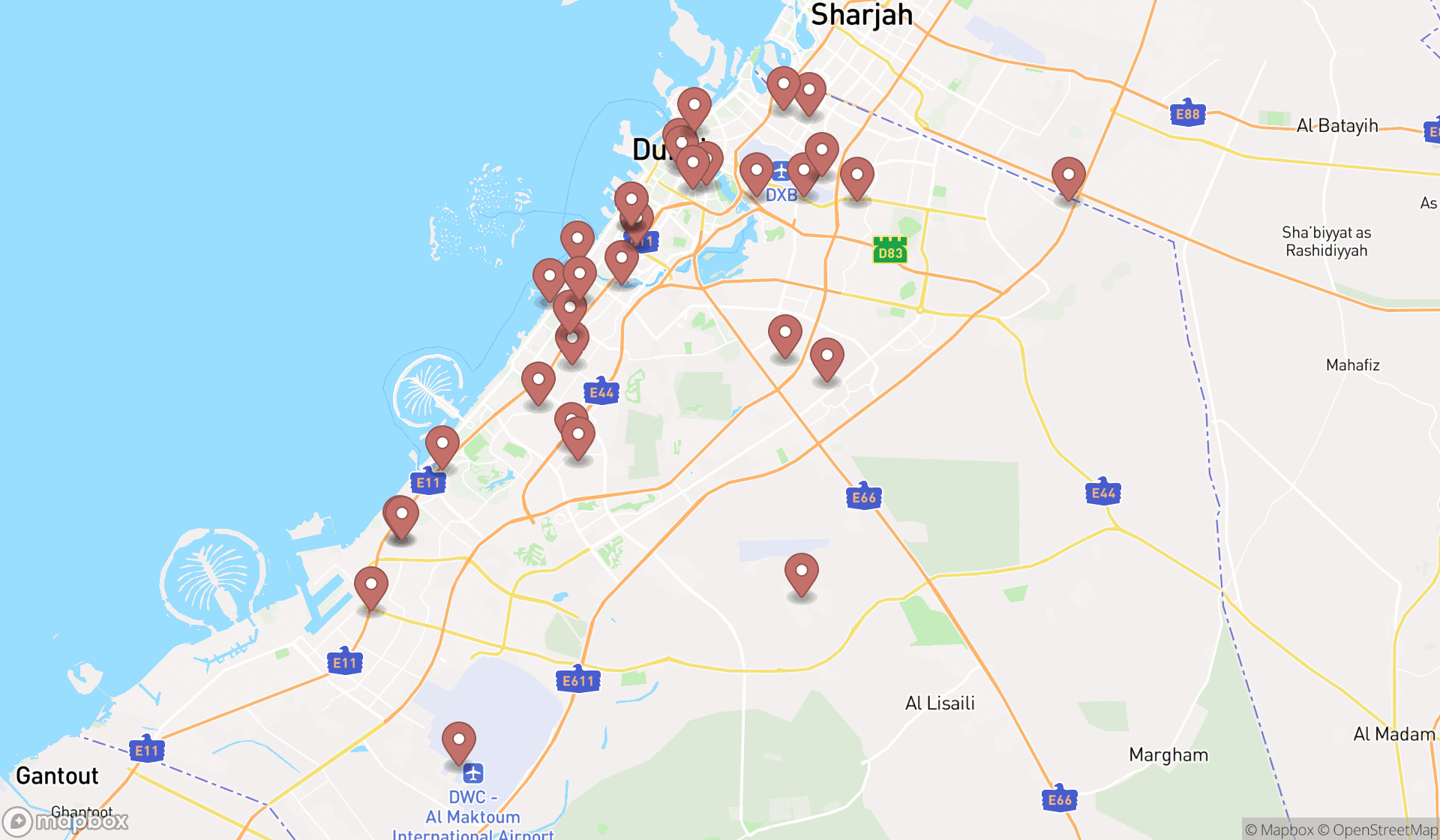 Map showing the search results in Dubai