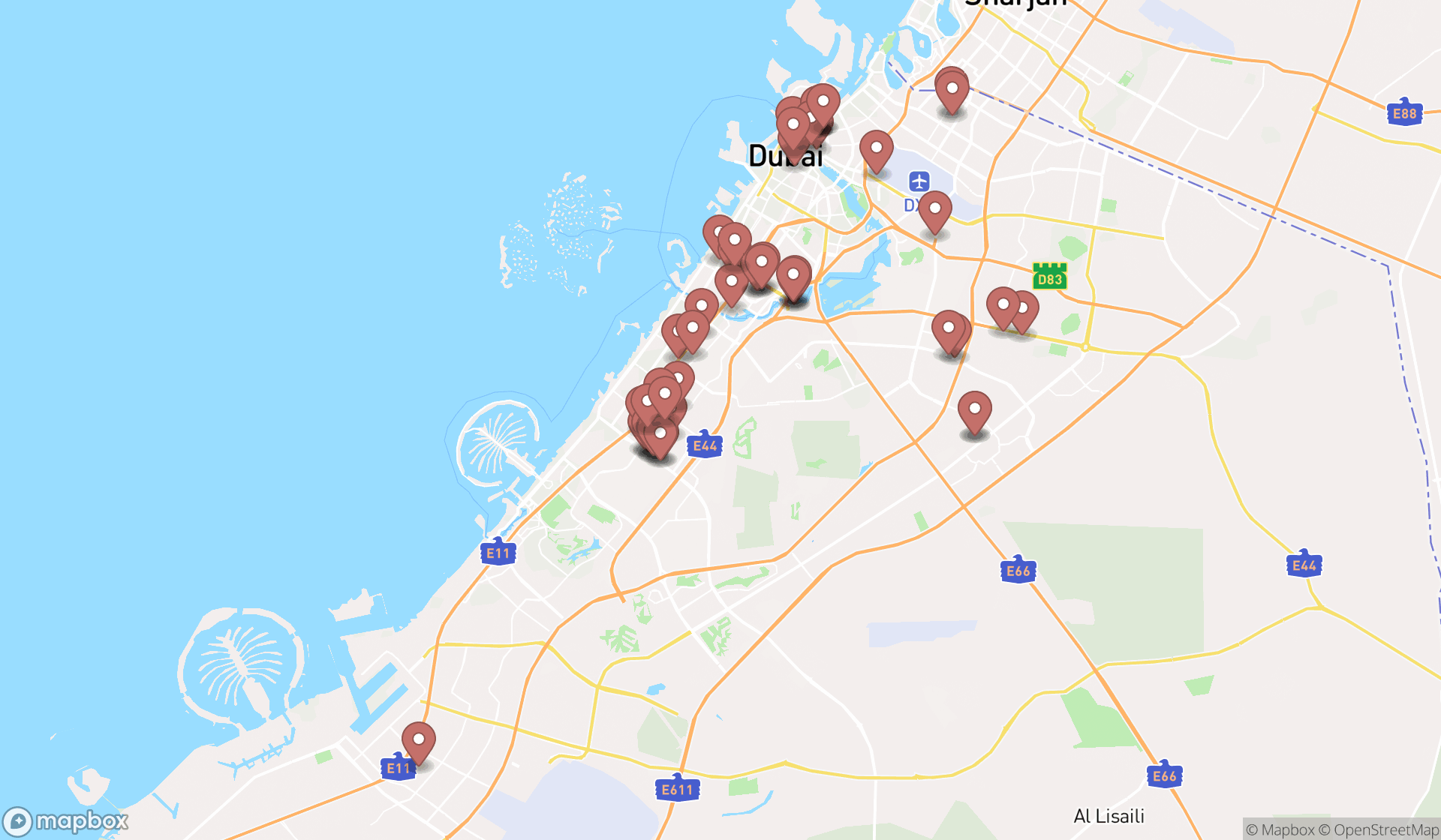 Map showing the search results in Dubai