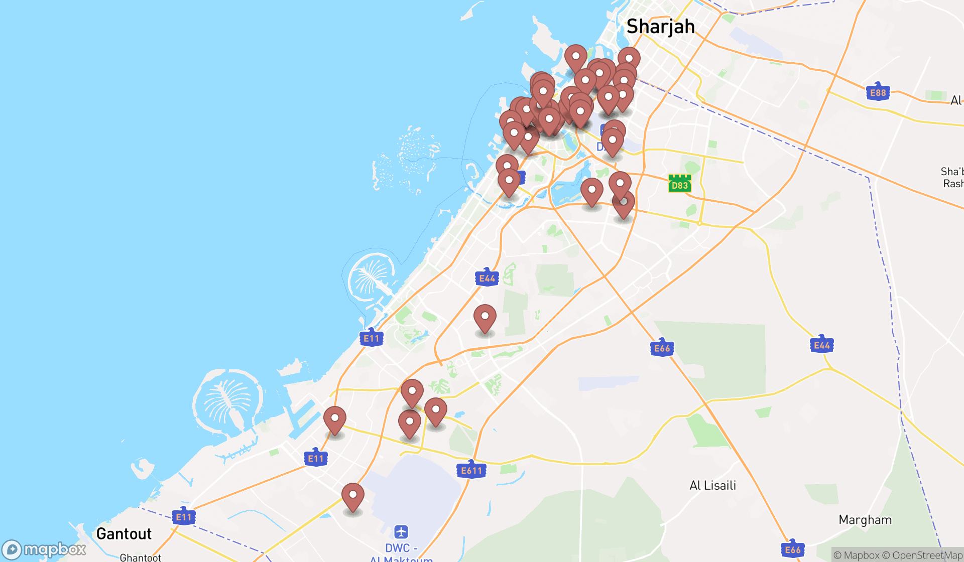 Map showing the search results in Dubai