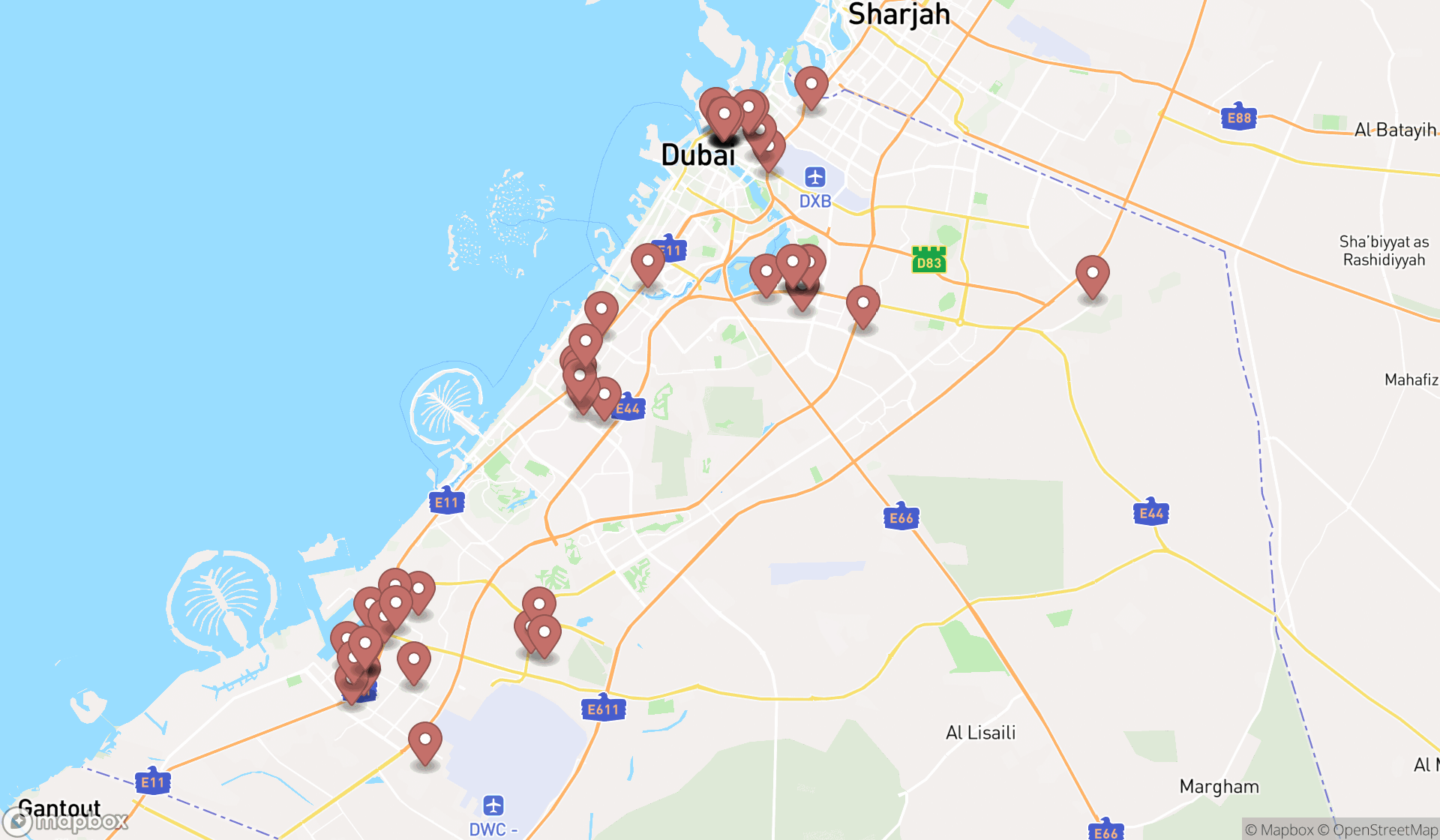 Map showing the search results in Dubai