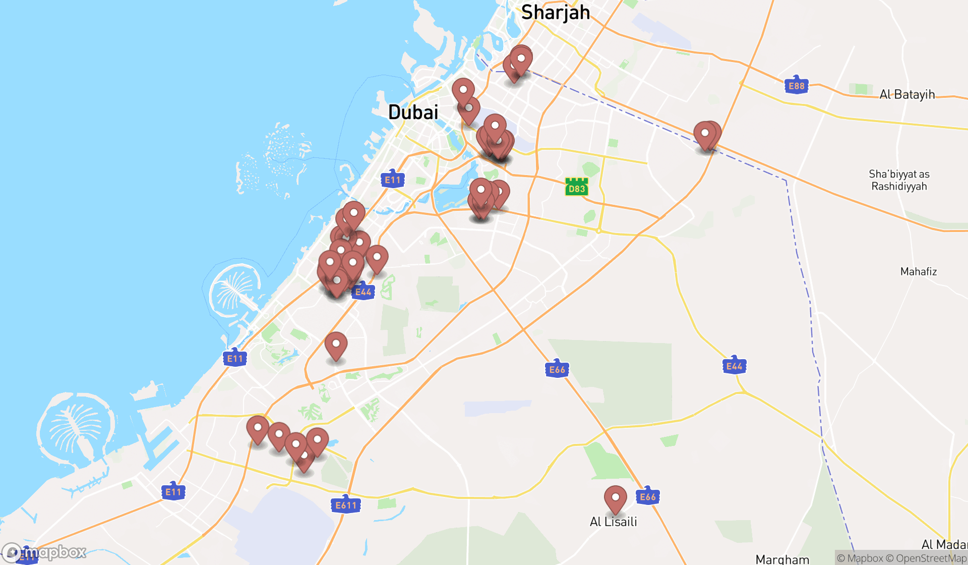 Map showing the search results in Dubai
