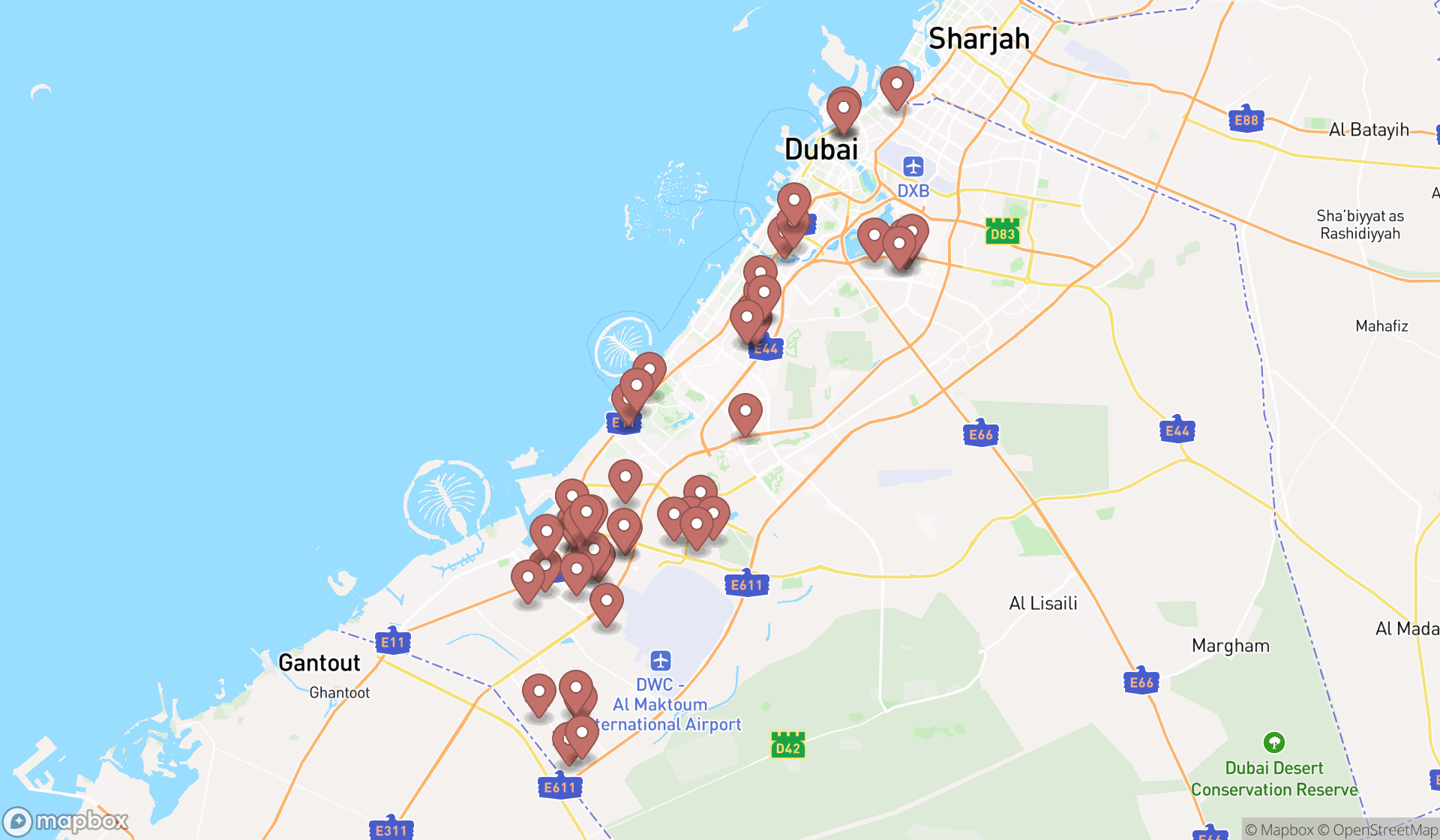 Map showing the search results in Dubai