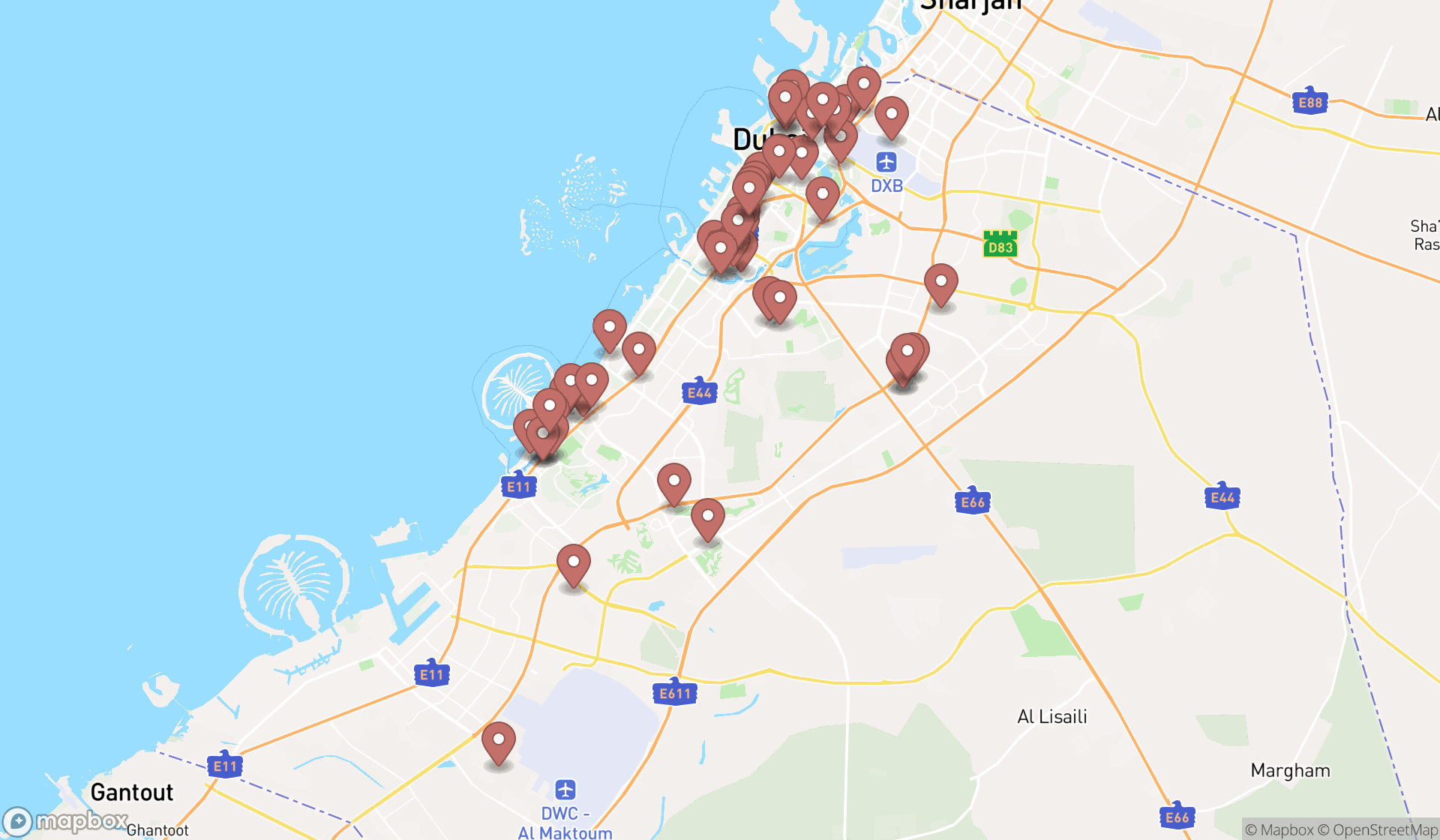 Map showing the search results in Dubai
