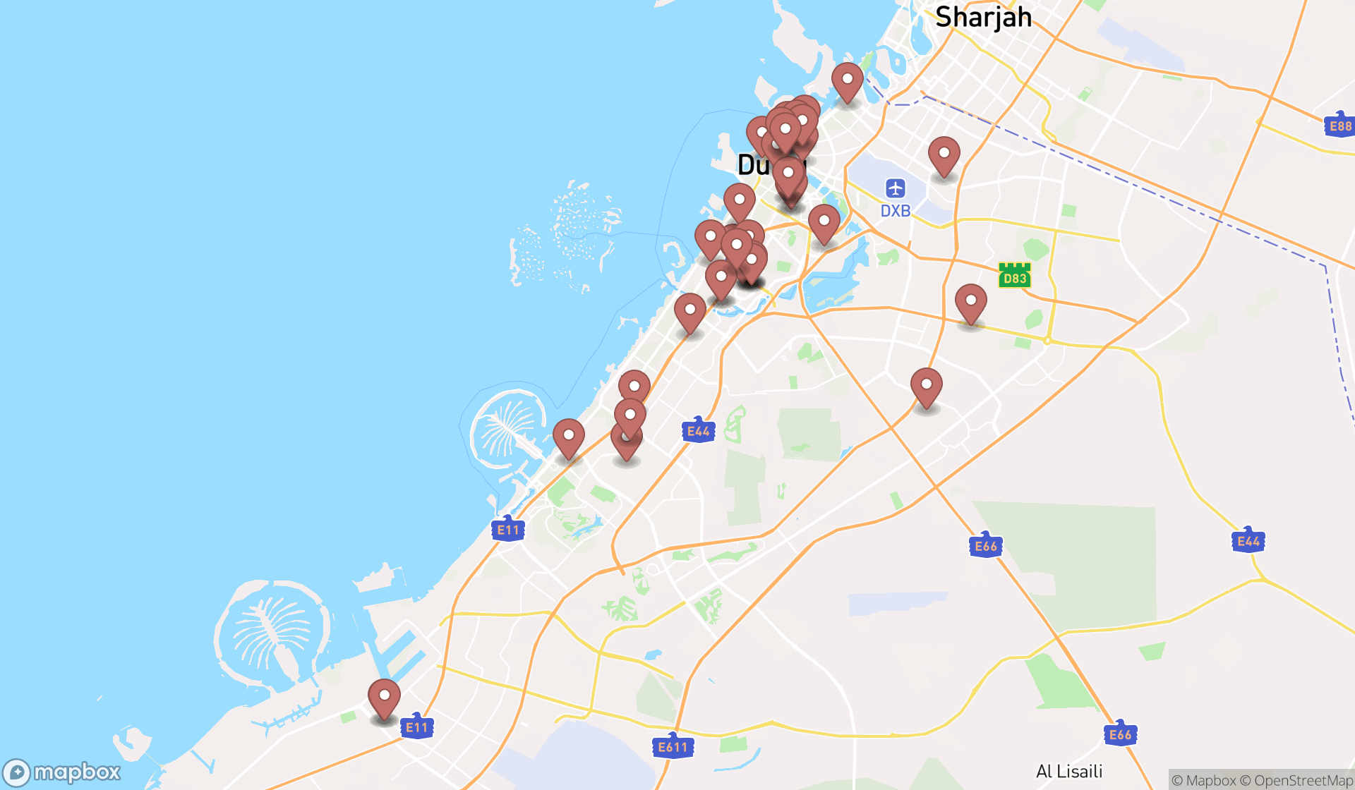 Map showing the search results in Dubai