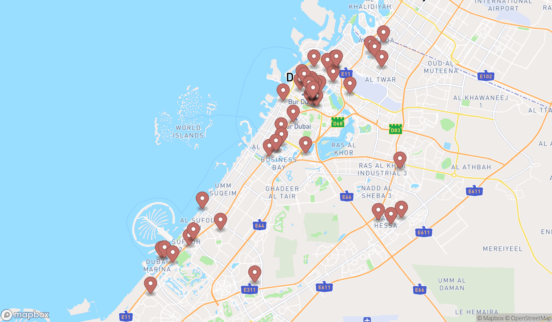 Map showing the search results in Dubai