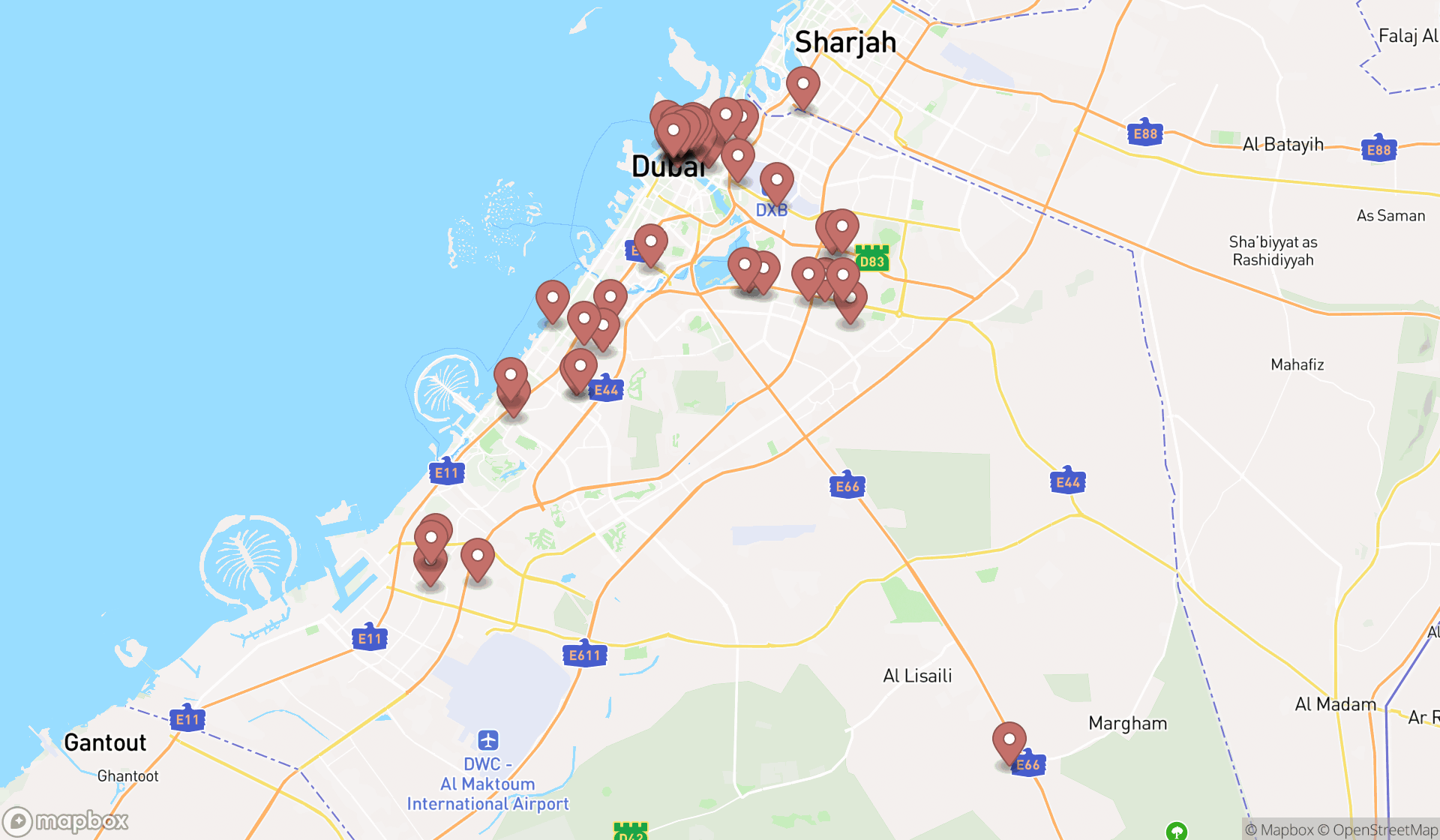 Map showing the search results in Dubai