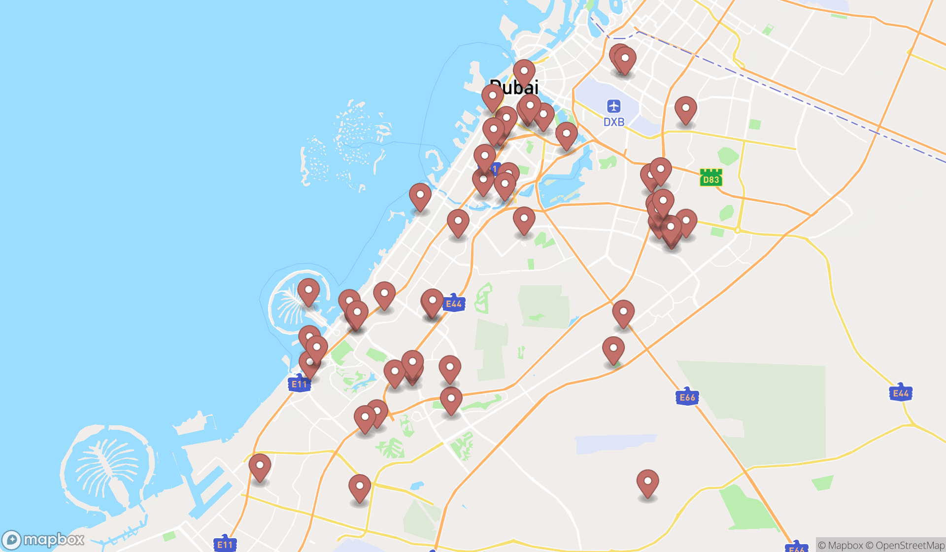 Map showing the search results in Dubai