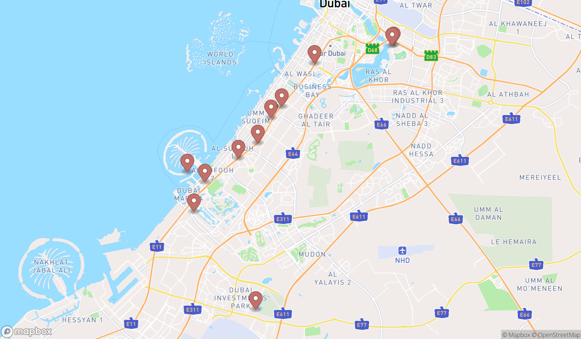 Map showing the search results in Dubai