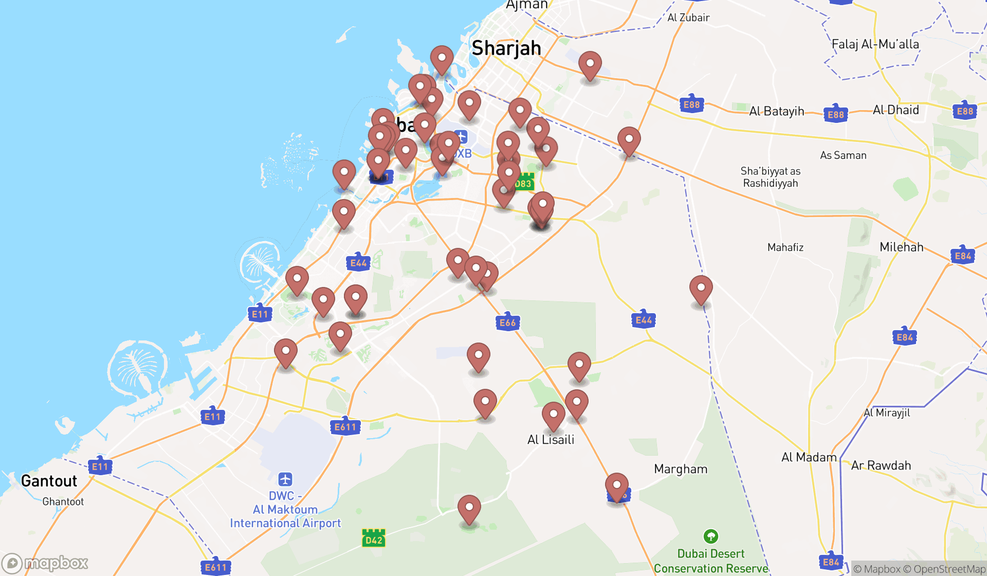 Map showing the search results in Dubai