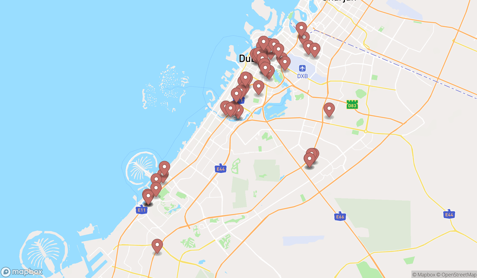 Map showing the search results in Dubai