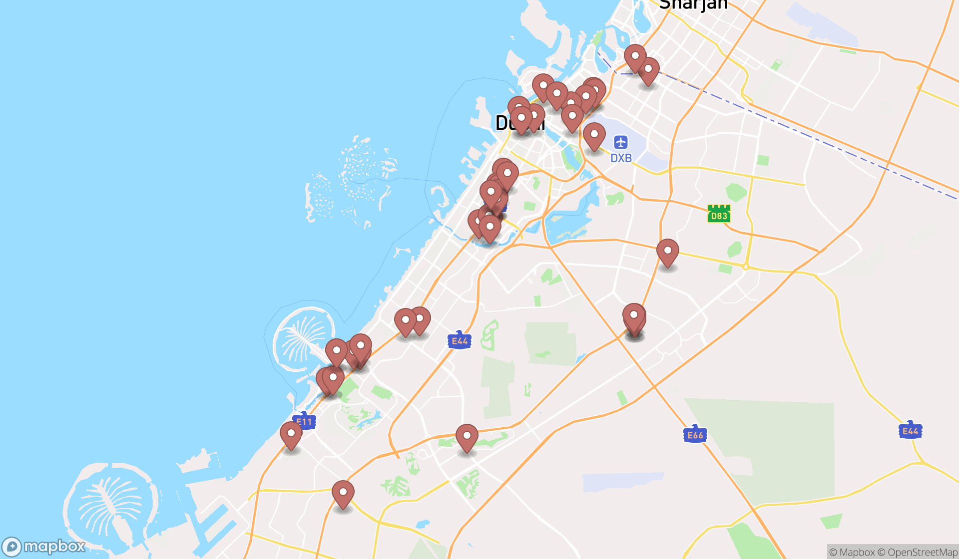 Map showing the search results in Dubai