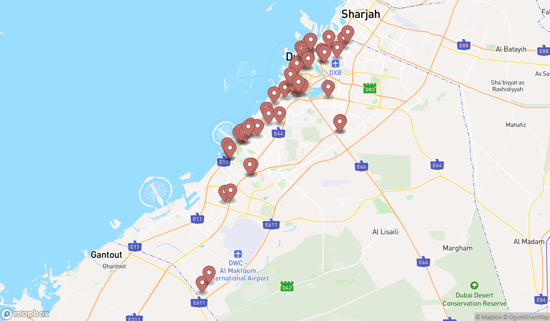 Map showing the search results in Dubai