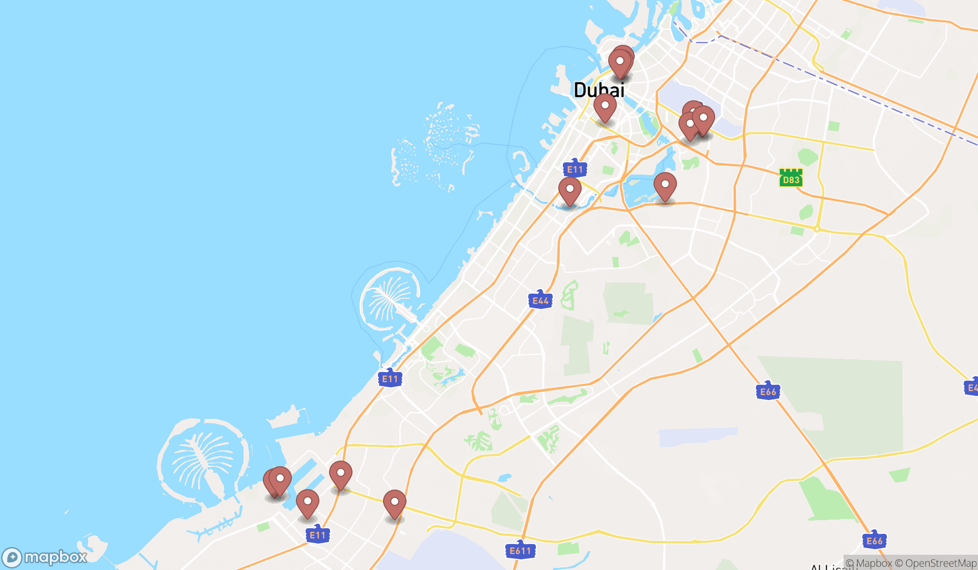 Map showing the search results in Dubai