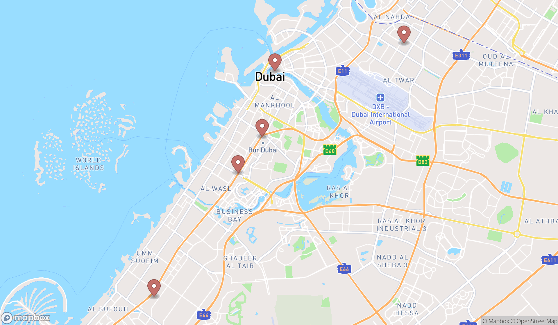 Map showing the search results in Dubai