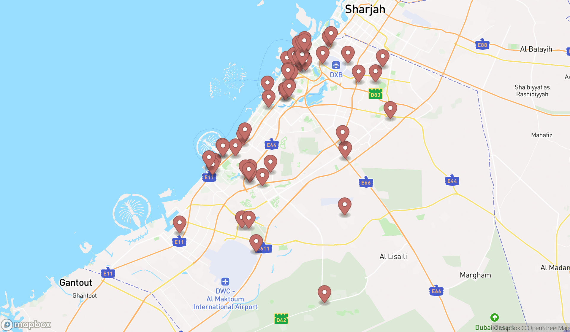 Map showing the search results in Dubai