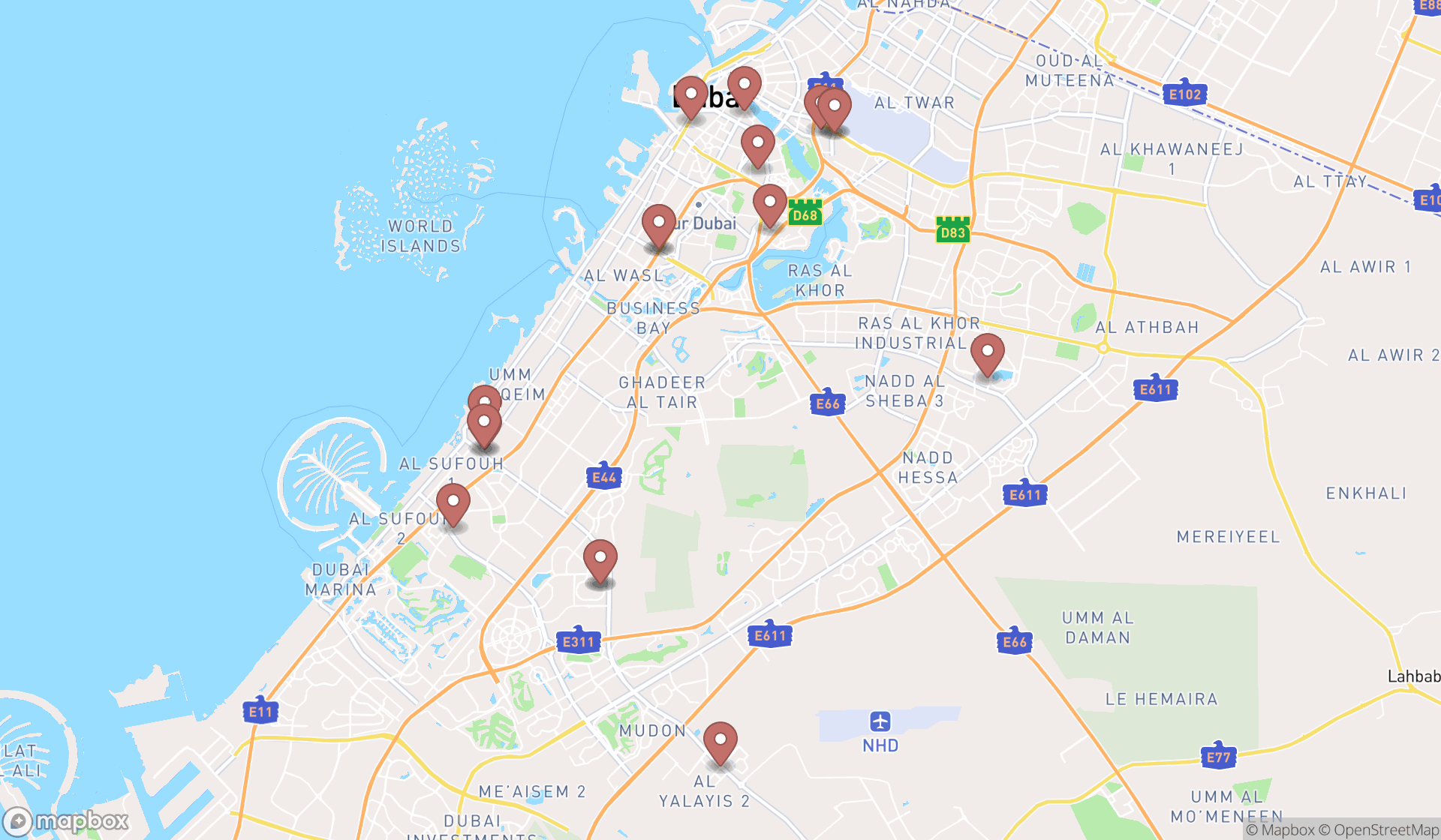 Map showing the search results in Dubai