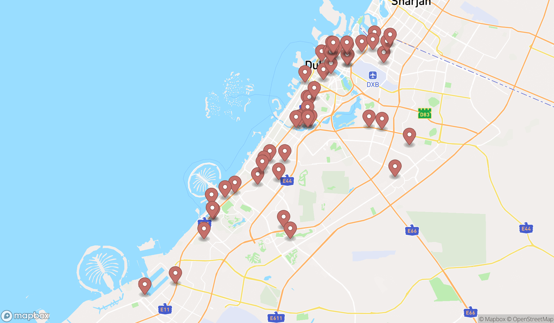 Map showing the search results in Dubai