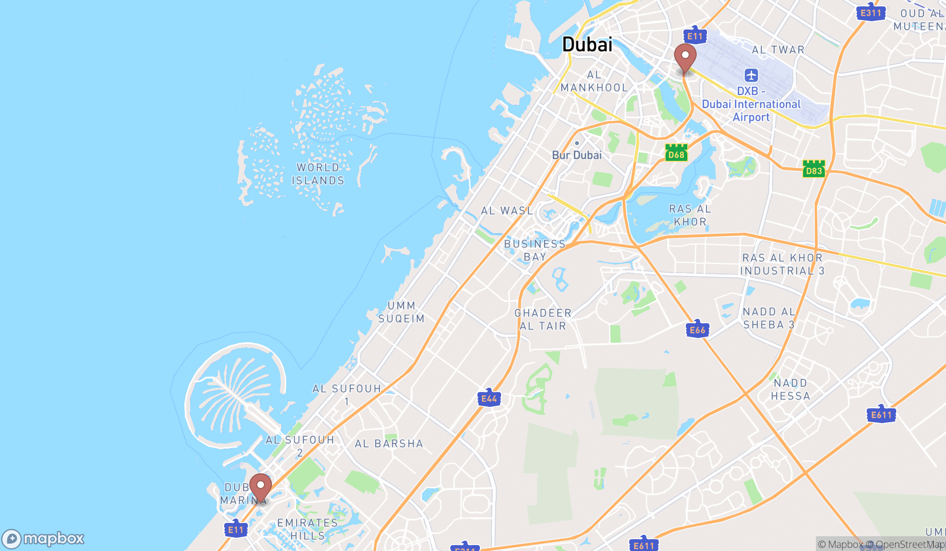 Map showing the search results in Dubai