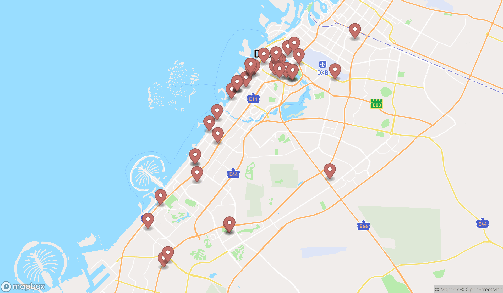 Map showing the search results in Dubai
