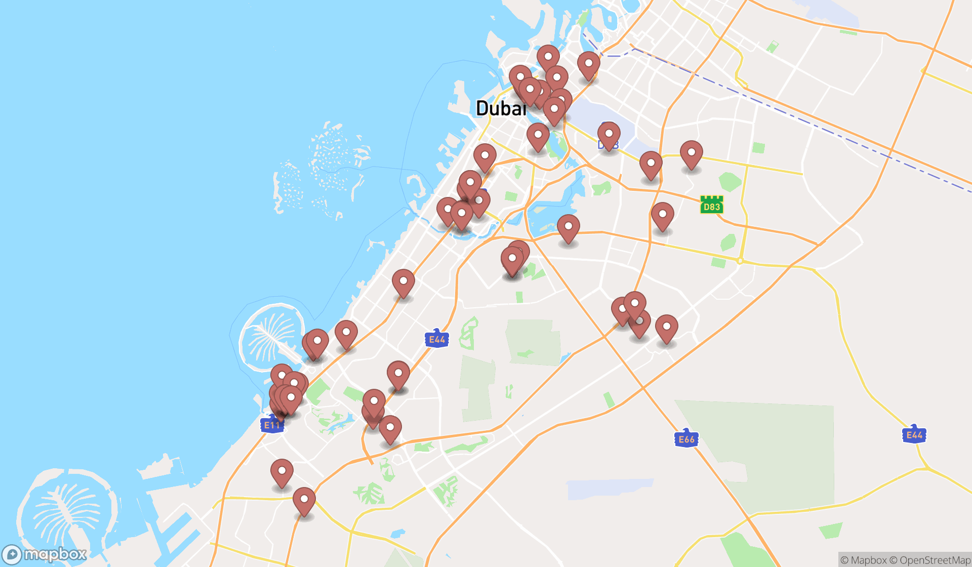 Map showing the search results in Dubai