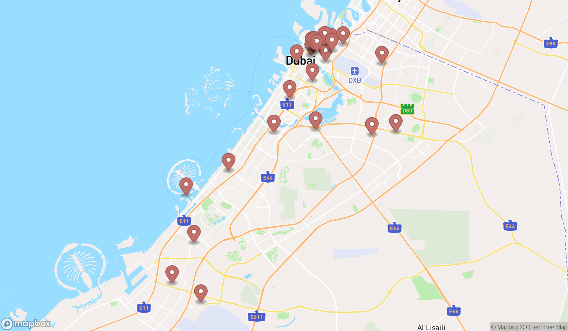 Map showing the search results in Dubai