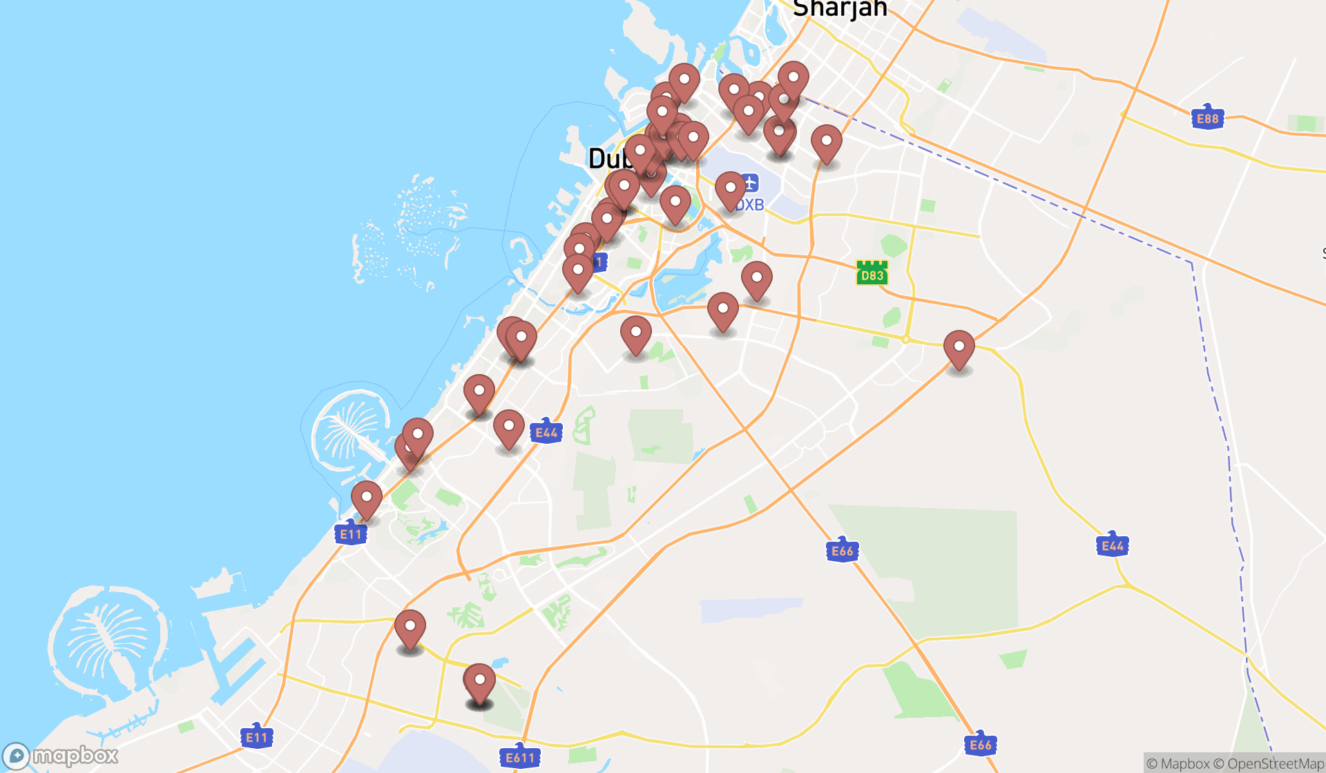 Map showing the search results in Dubai