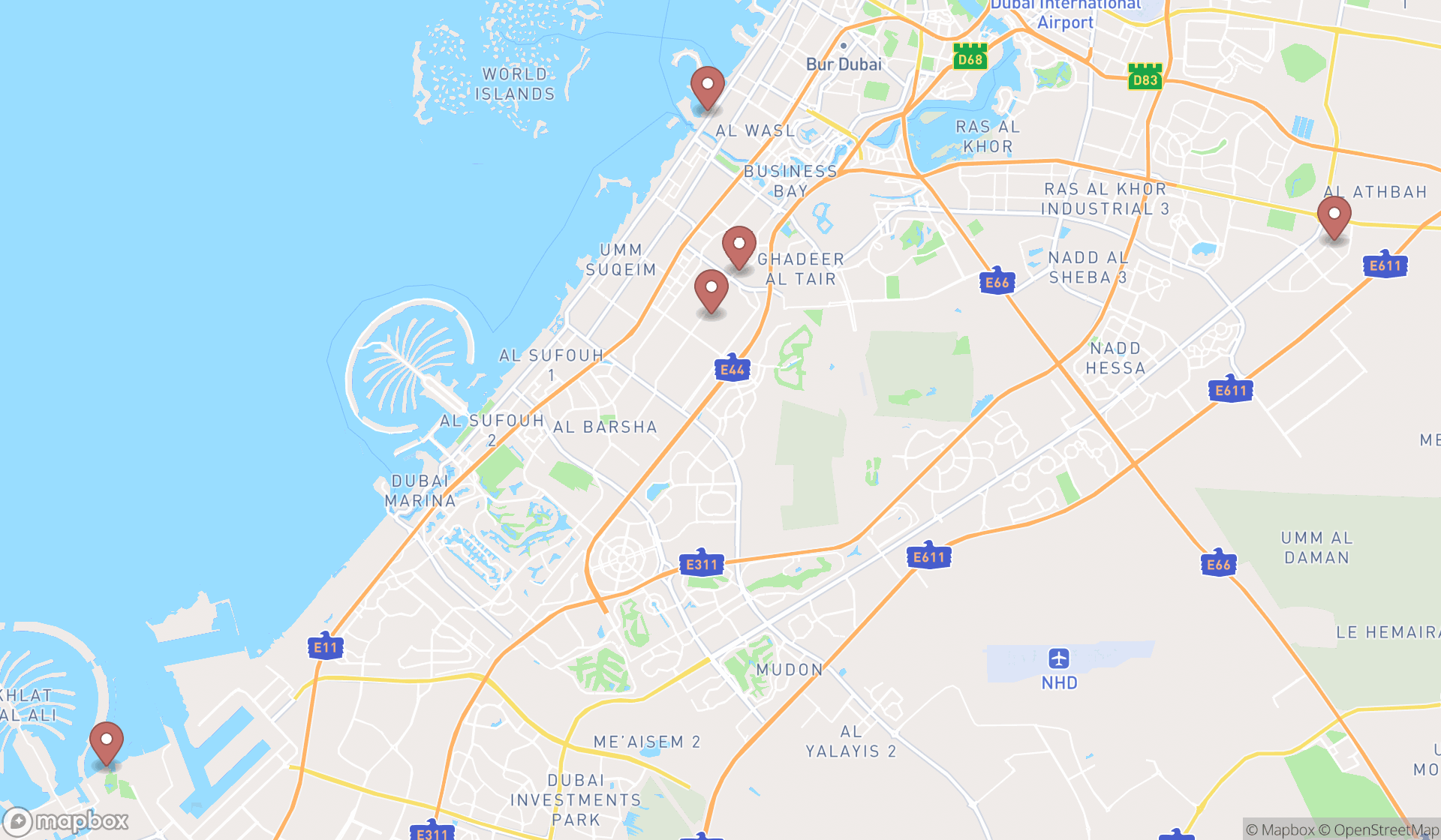 Map showing the search results in Dubai