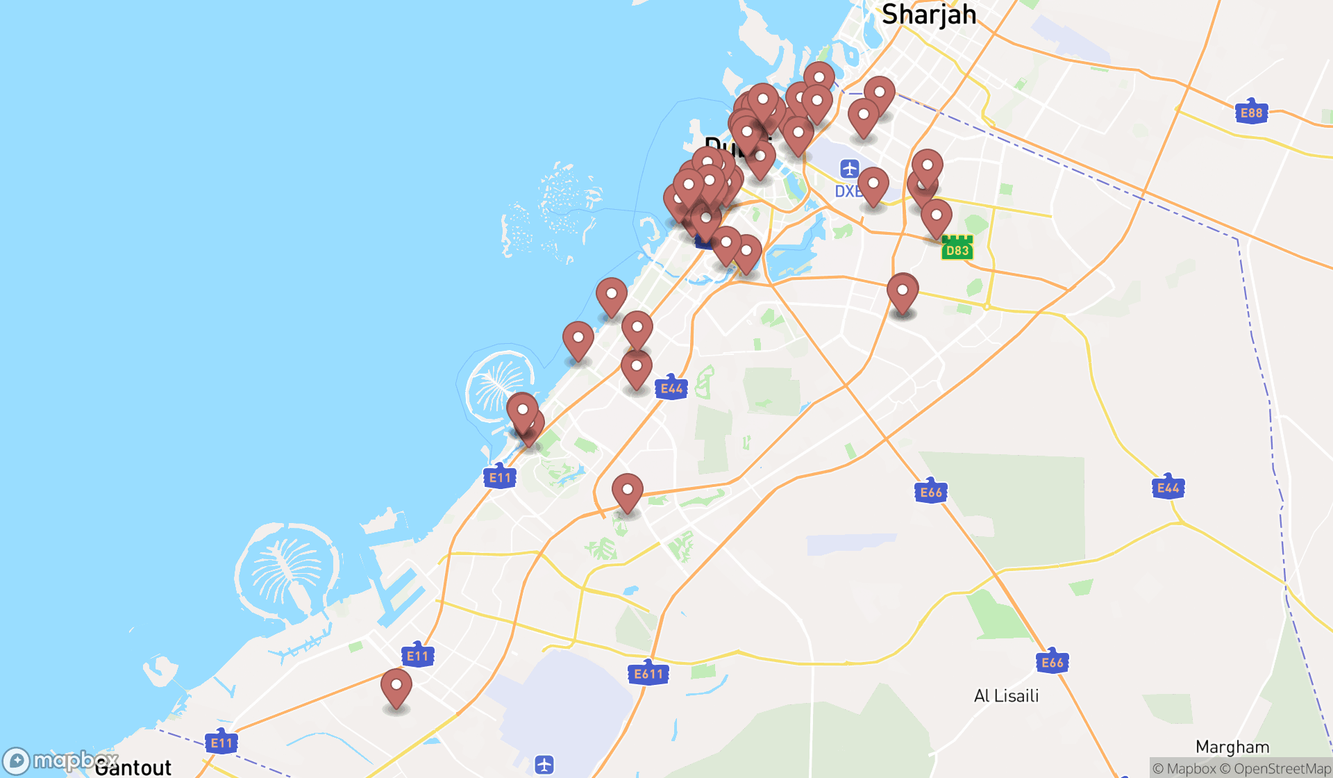 Map showing the search results in Dubai