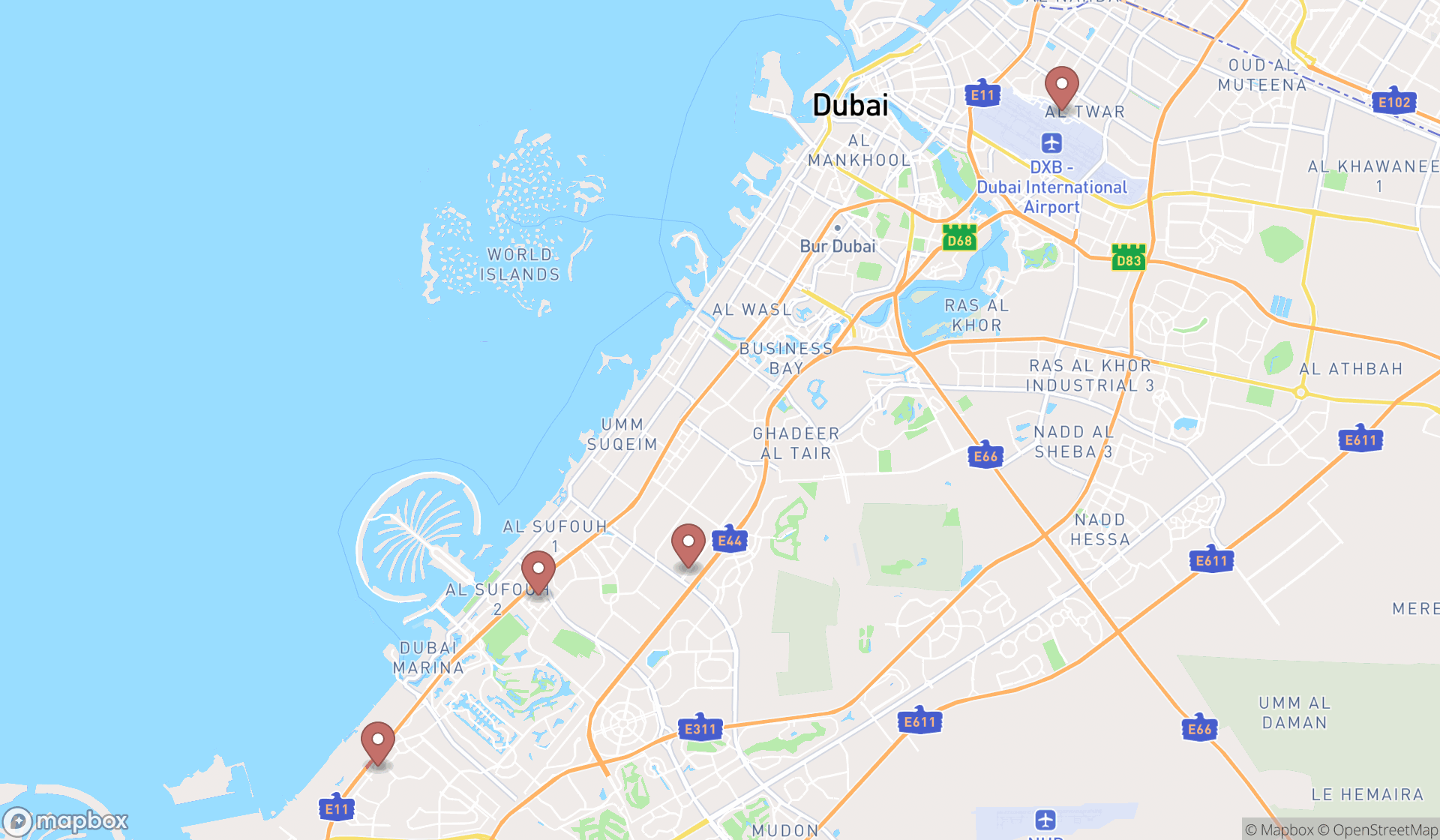 Map showing the search results in Dubai