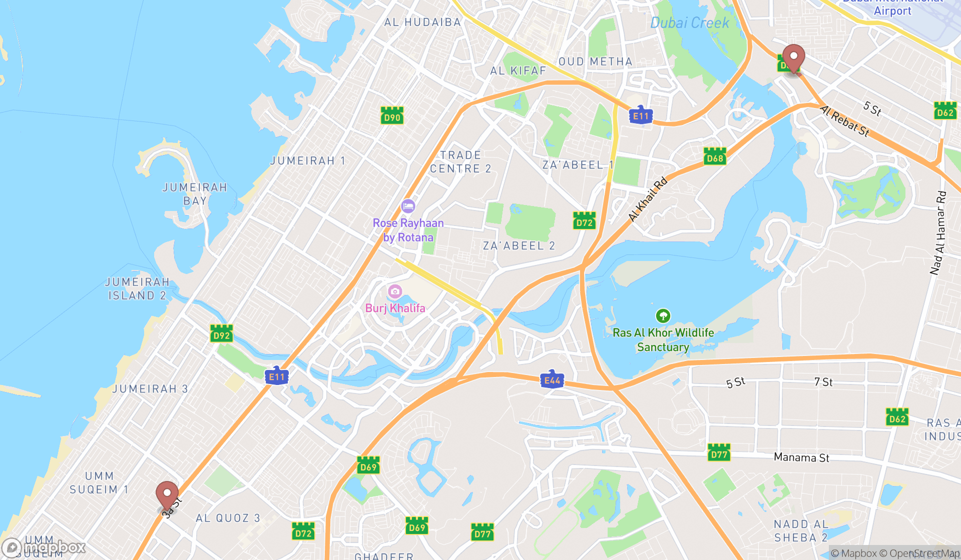 Map showing the search results in Dubai