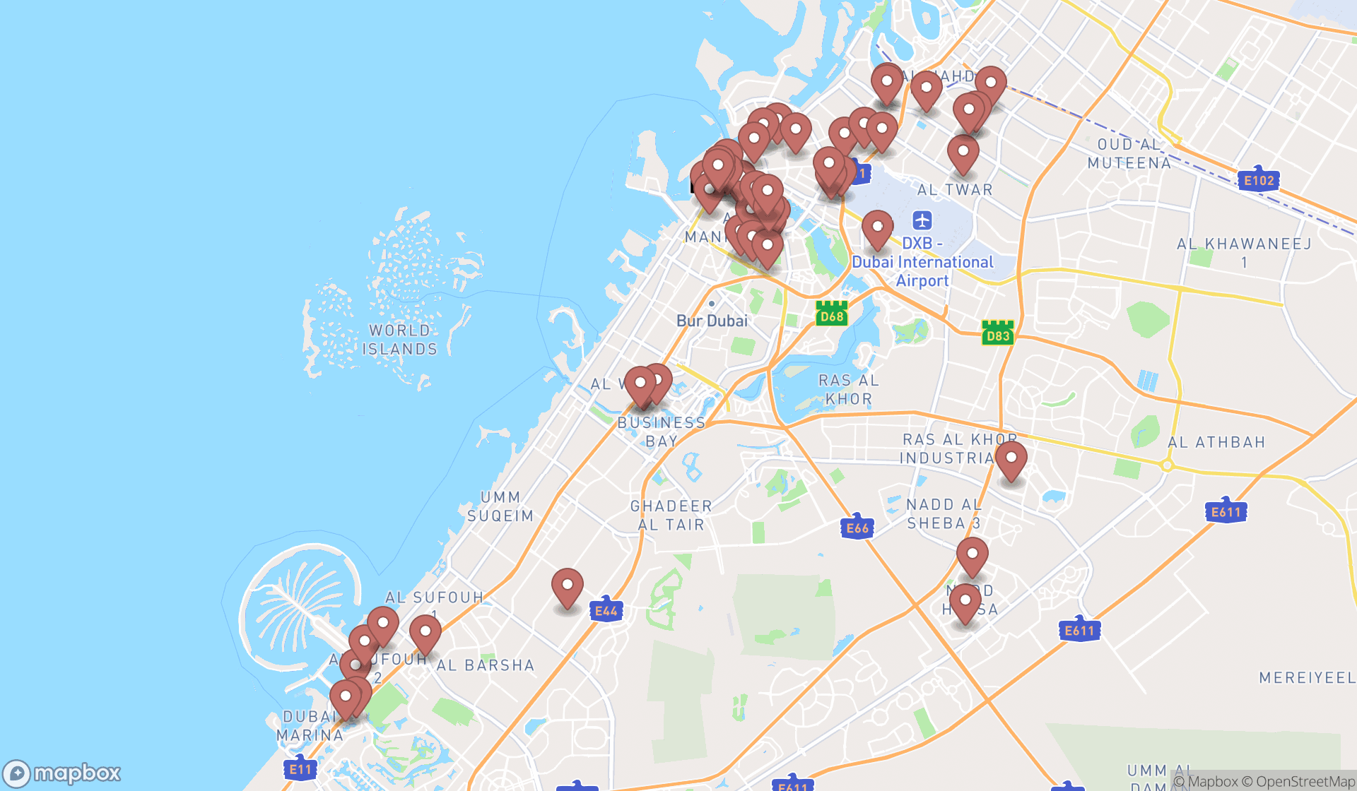 Map showing the search results in Dubai