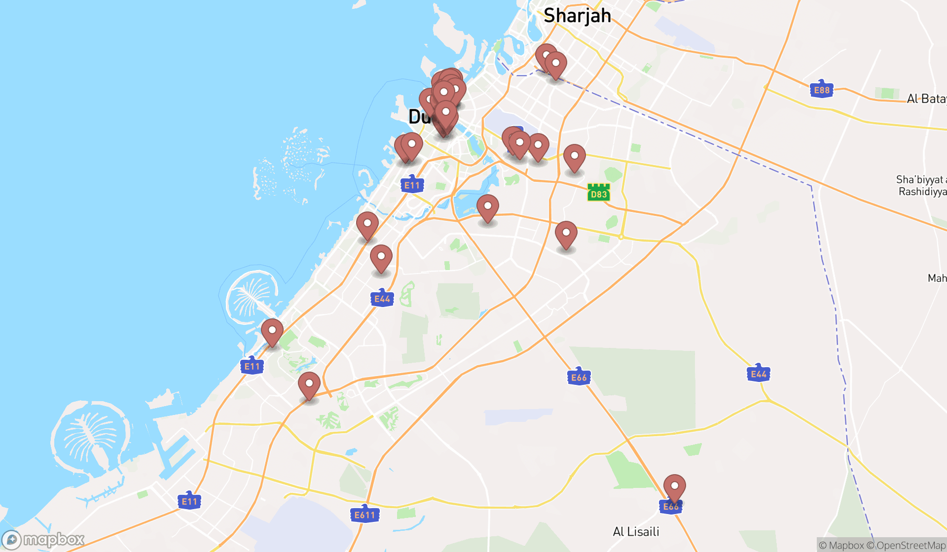 Map showing the search results in Dubai