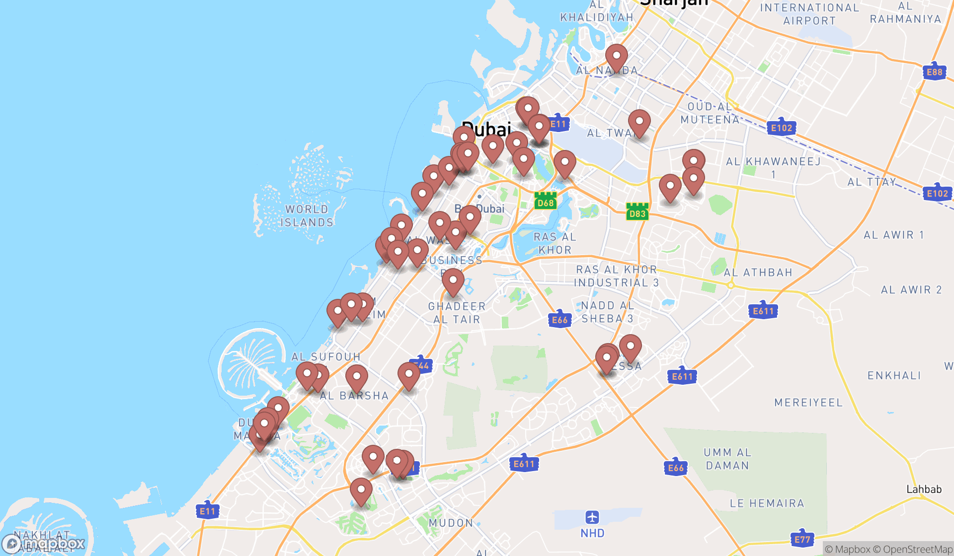 Map showing the search results in Dubai