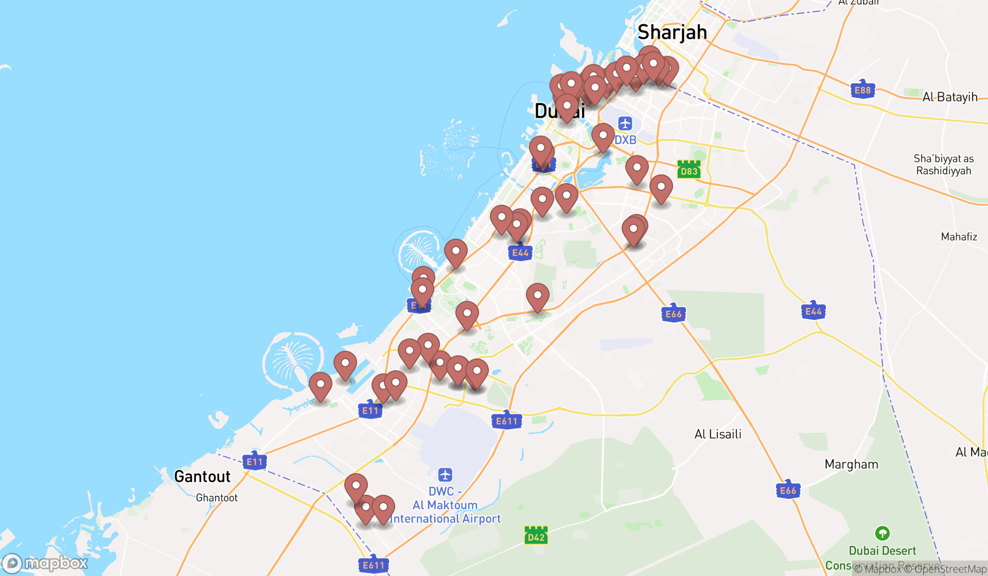 Map showing the search results in Dubai