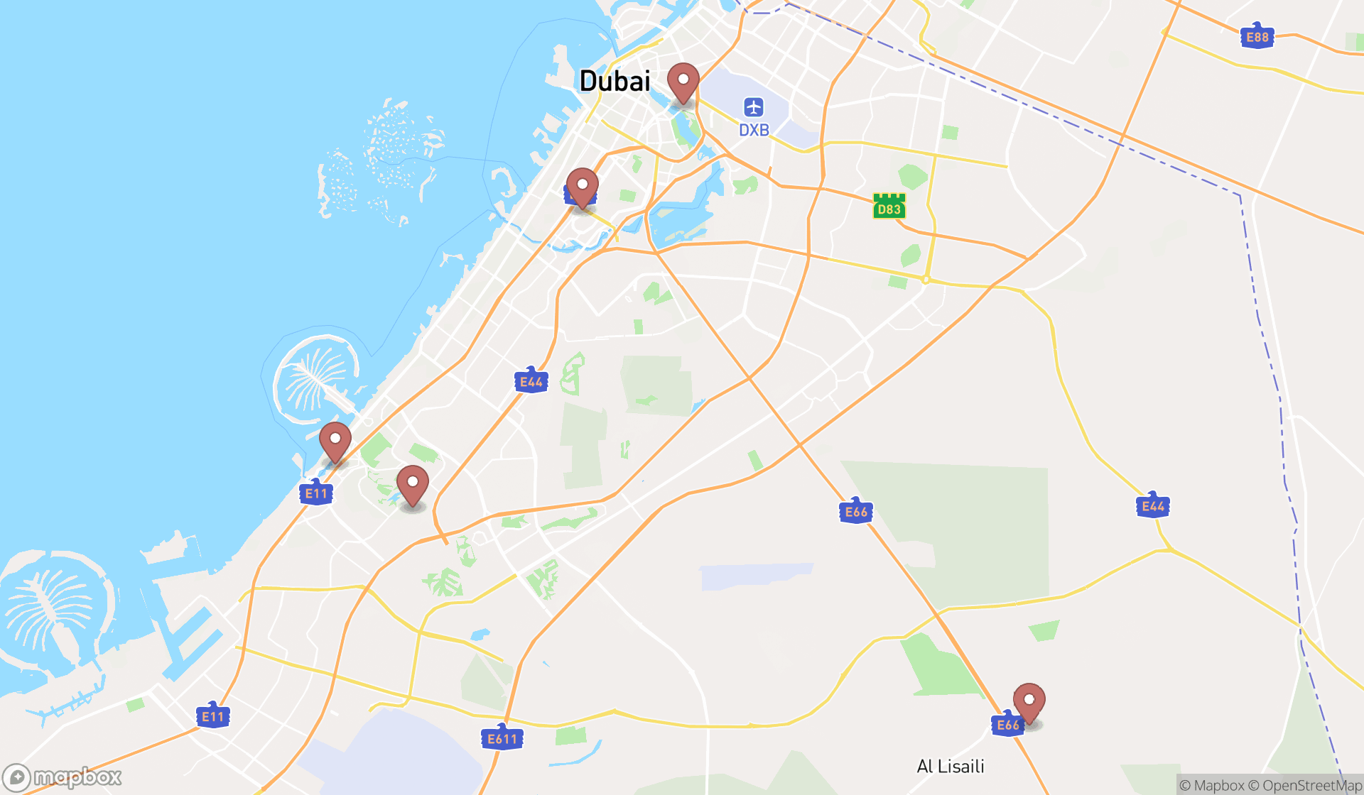 Map showing the search results in Dubai