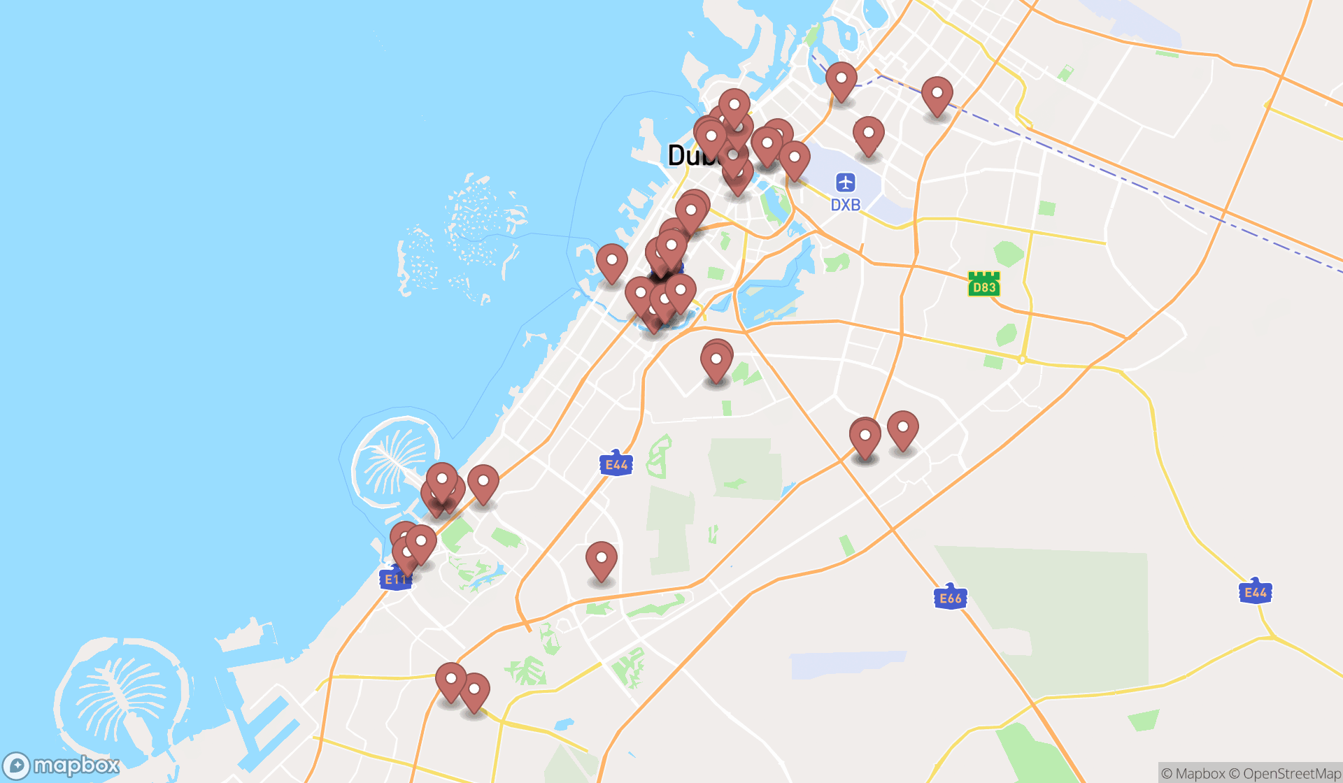 Map showing the search results in Dubai