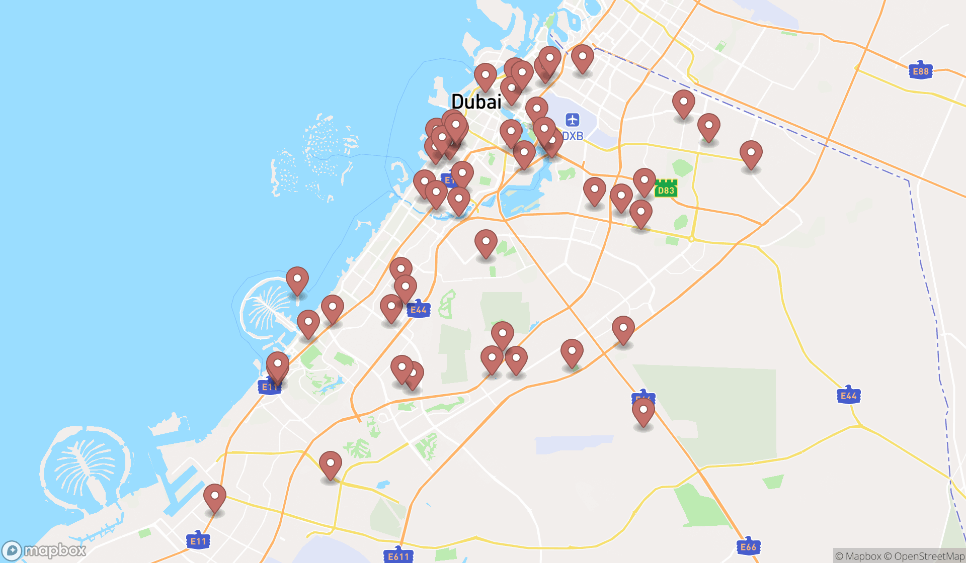 Map showing the search results in Dubai