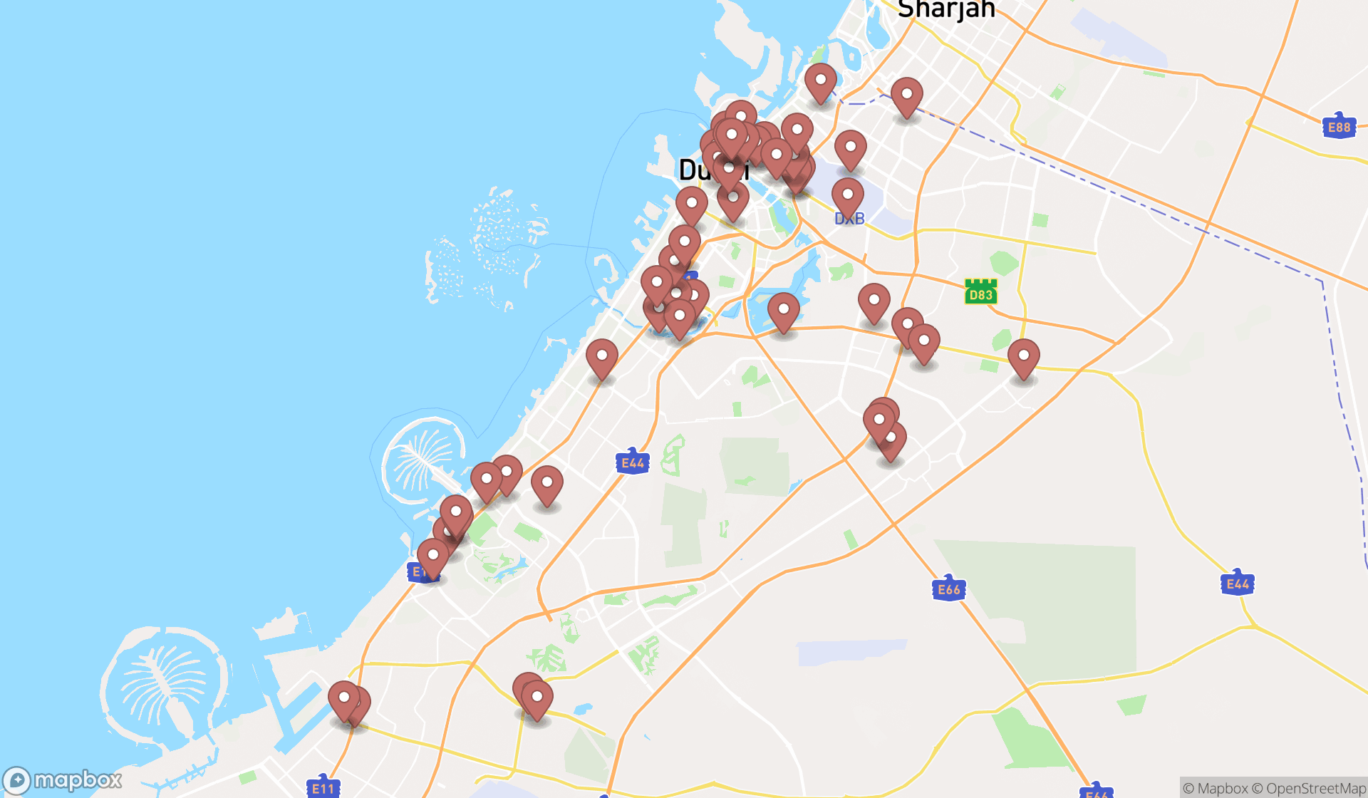 Map showing the search results in Dubai