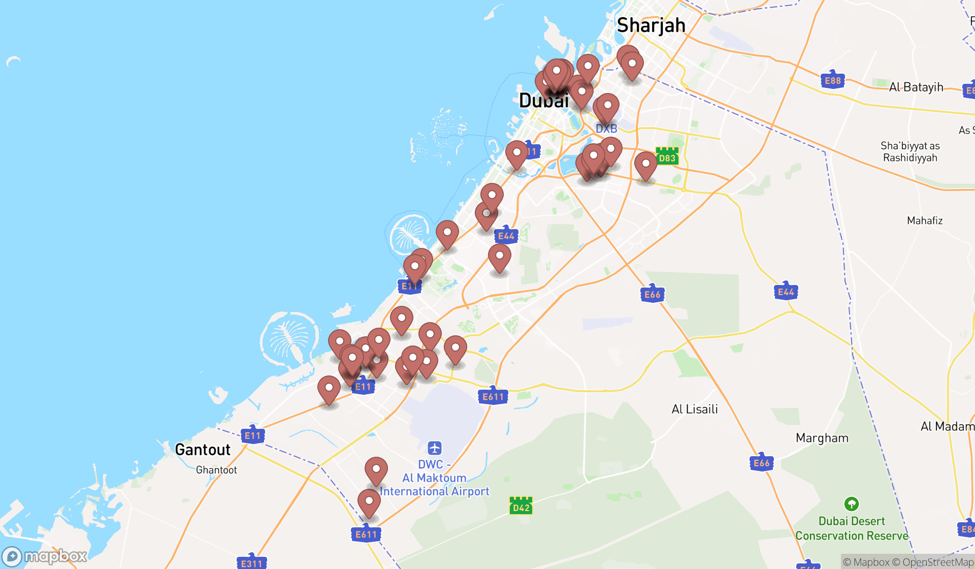 Map showing the search results in Dubai