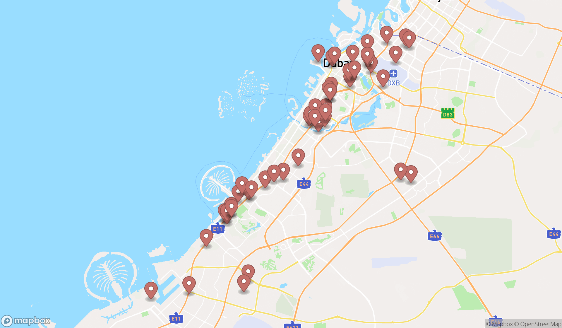 Map showing the search results in Dubai