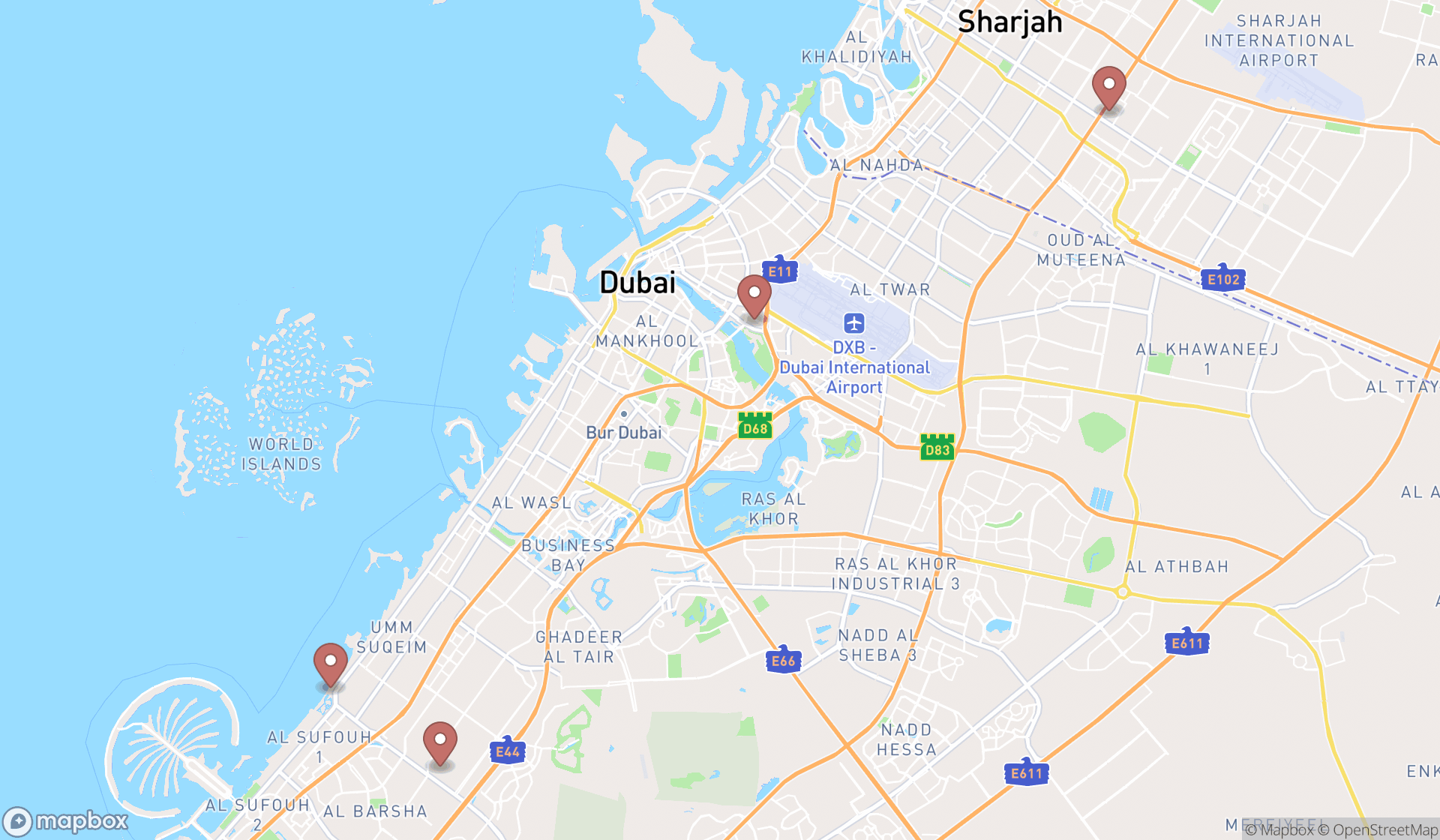 Map showing the search results in Dubai