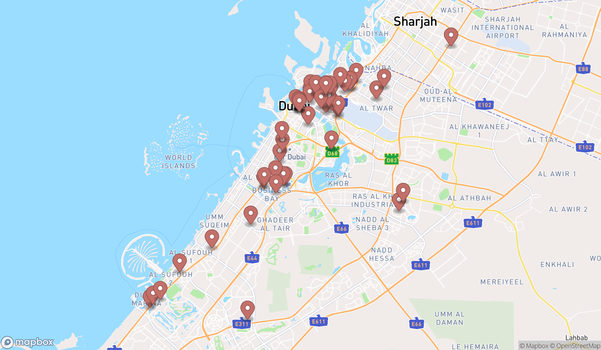 Map showing the search results in Dubai