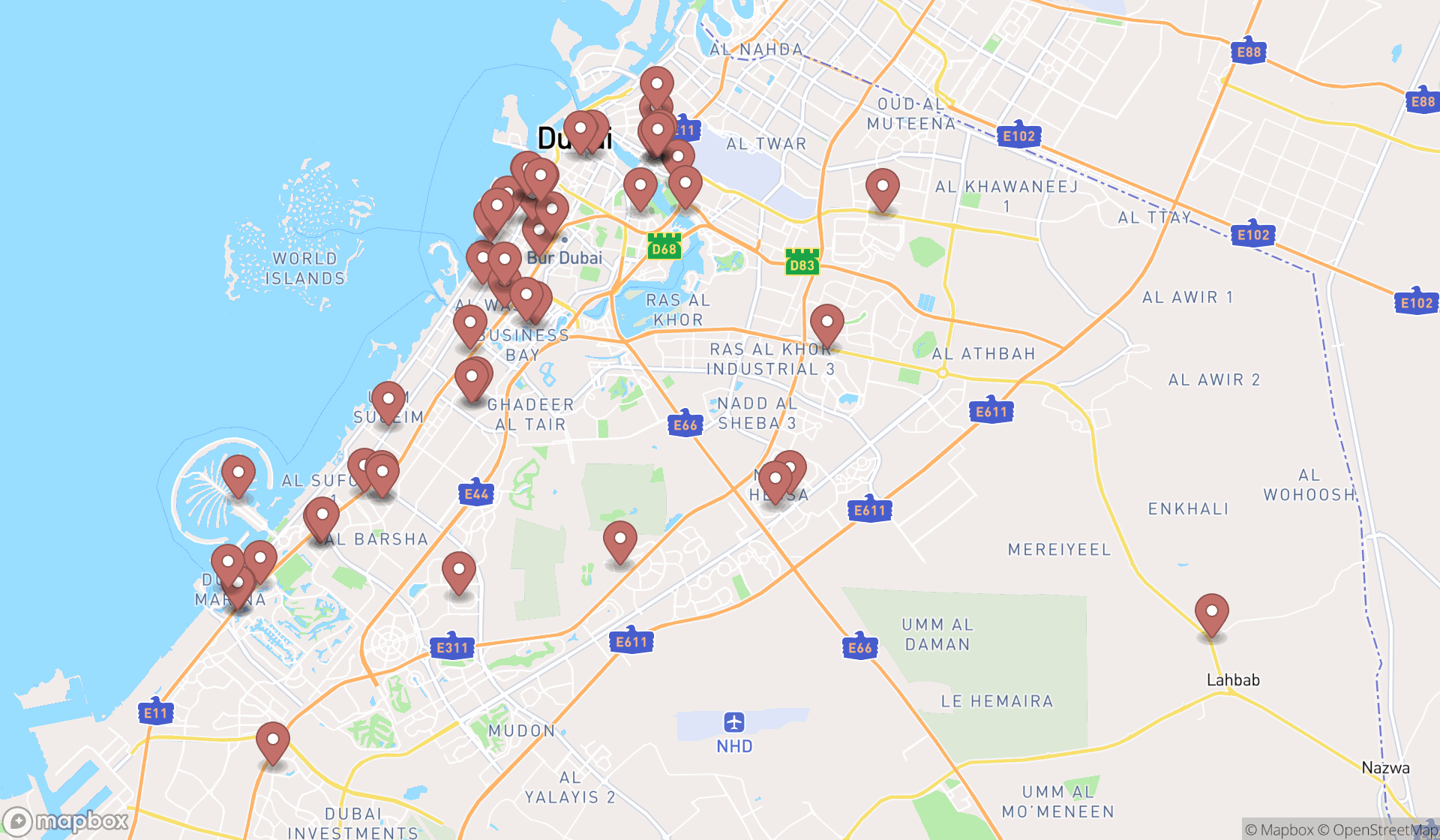 Map showing the search results in Dubai