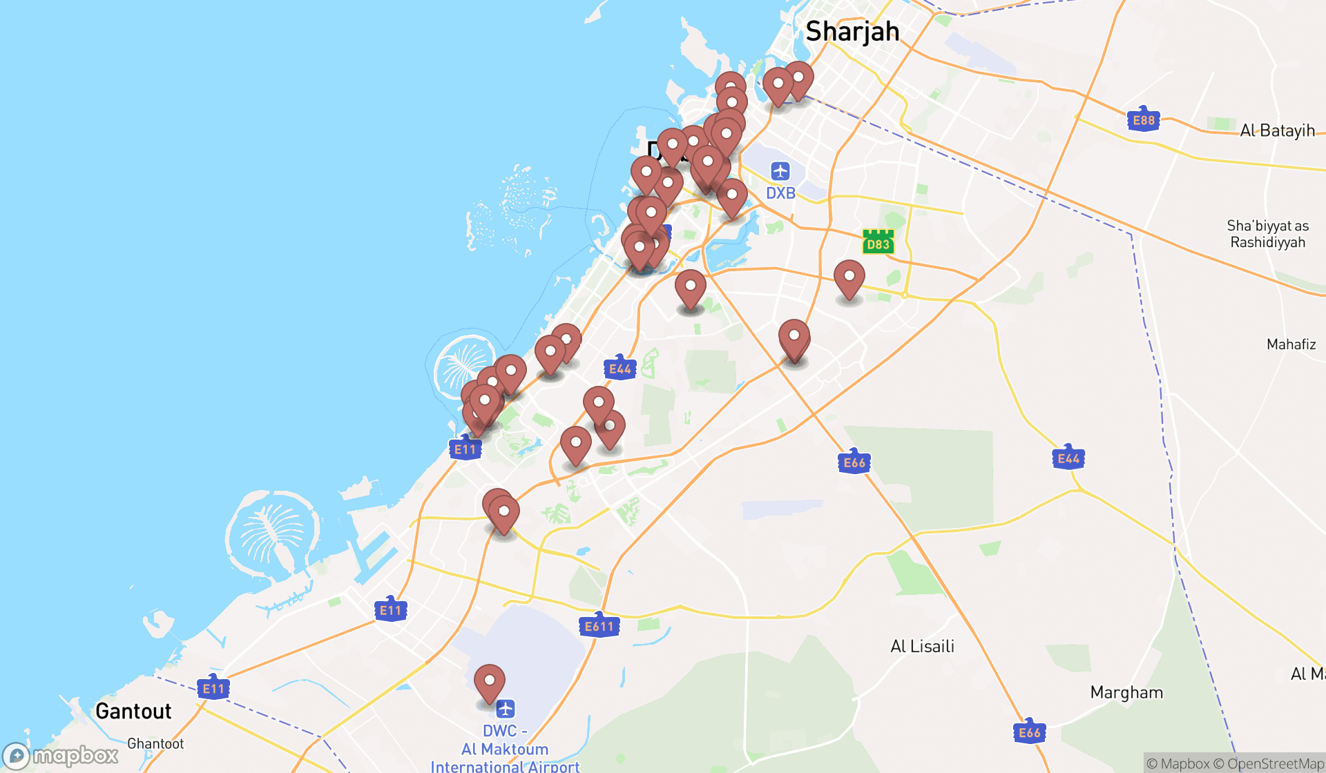Map showing the search results in Dubai