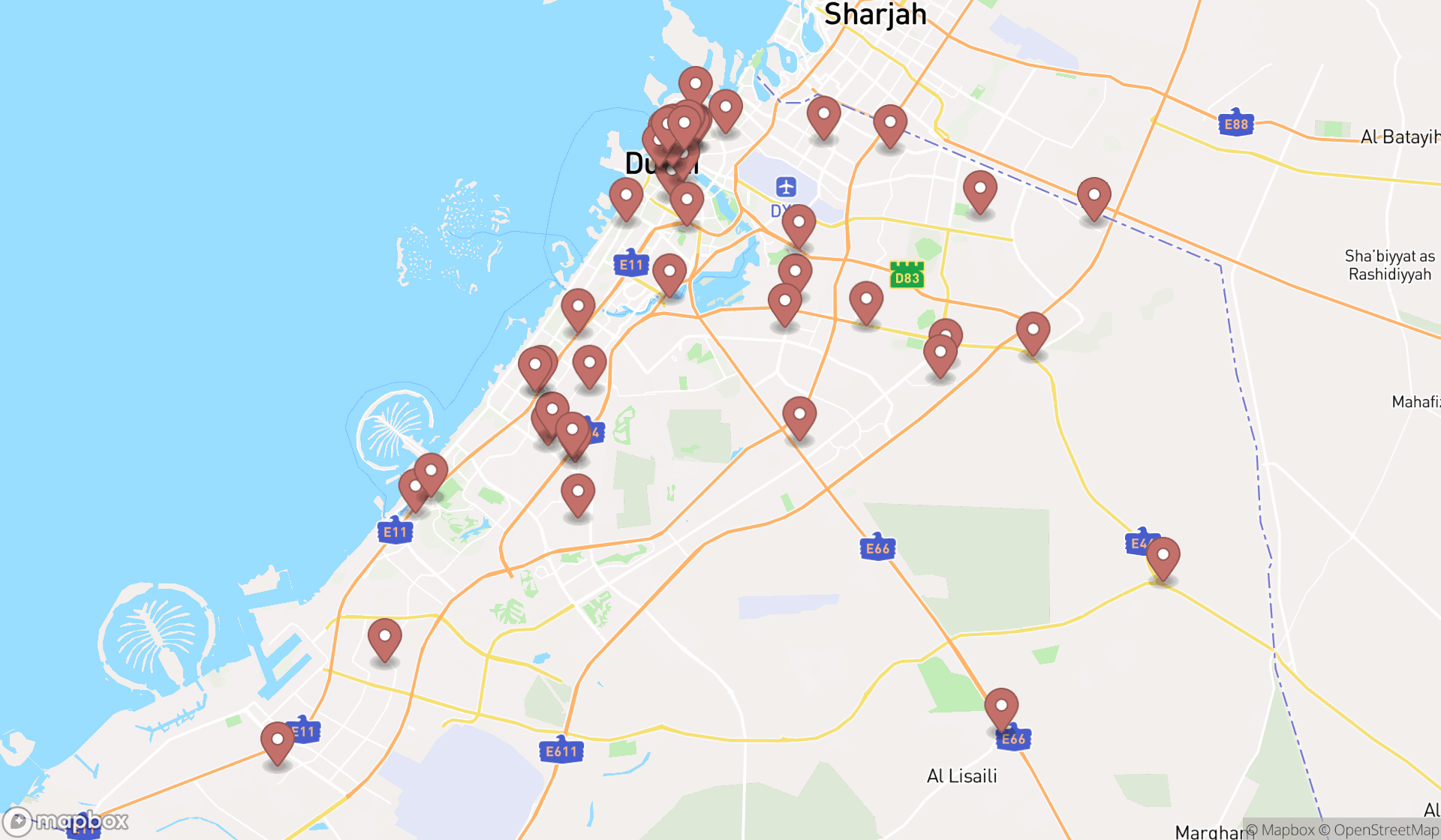Map showing the search results in Dubai